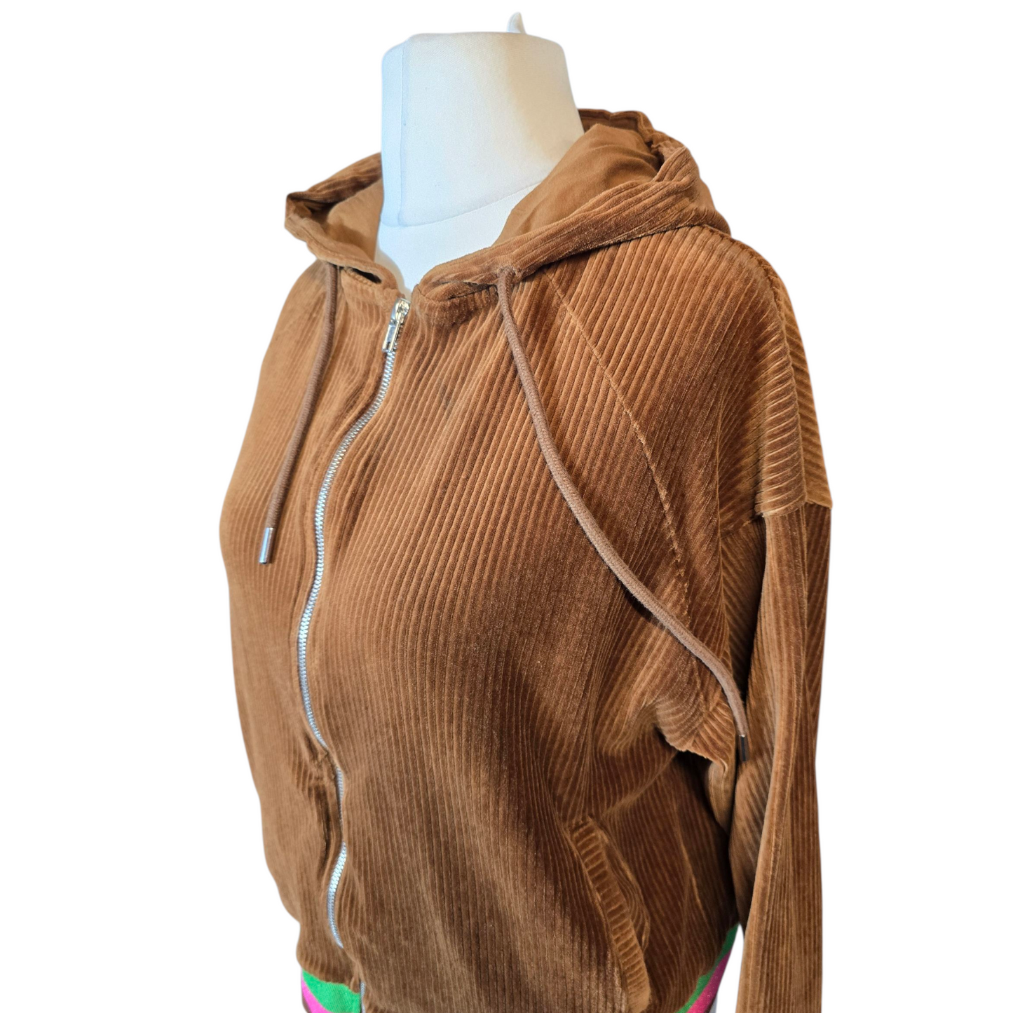 Promod Brown Cord Zip-Up Hoodie – Glitter Hem – Size L ( uk size 12/14)