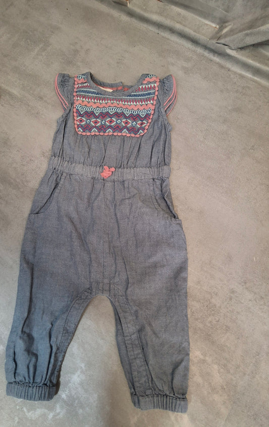 Monsoon Baby Girl Denim Romper – Age 6–12 Months, Cotton with Embroidery