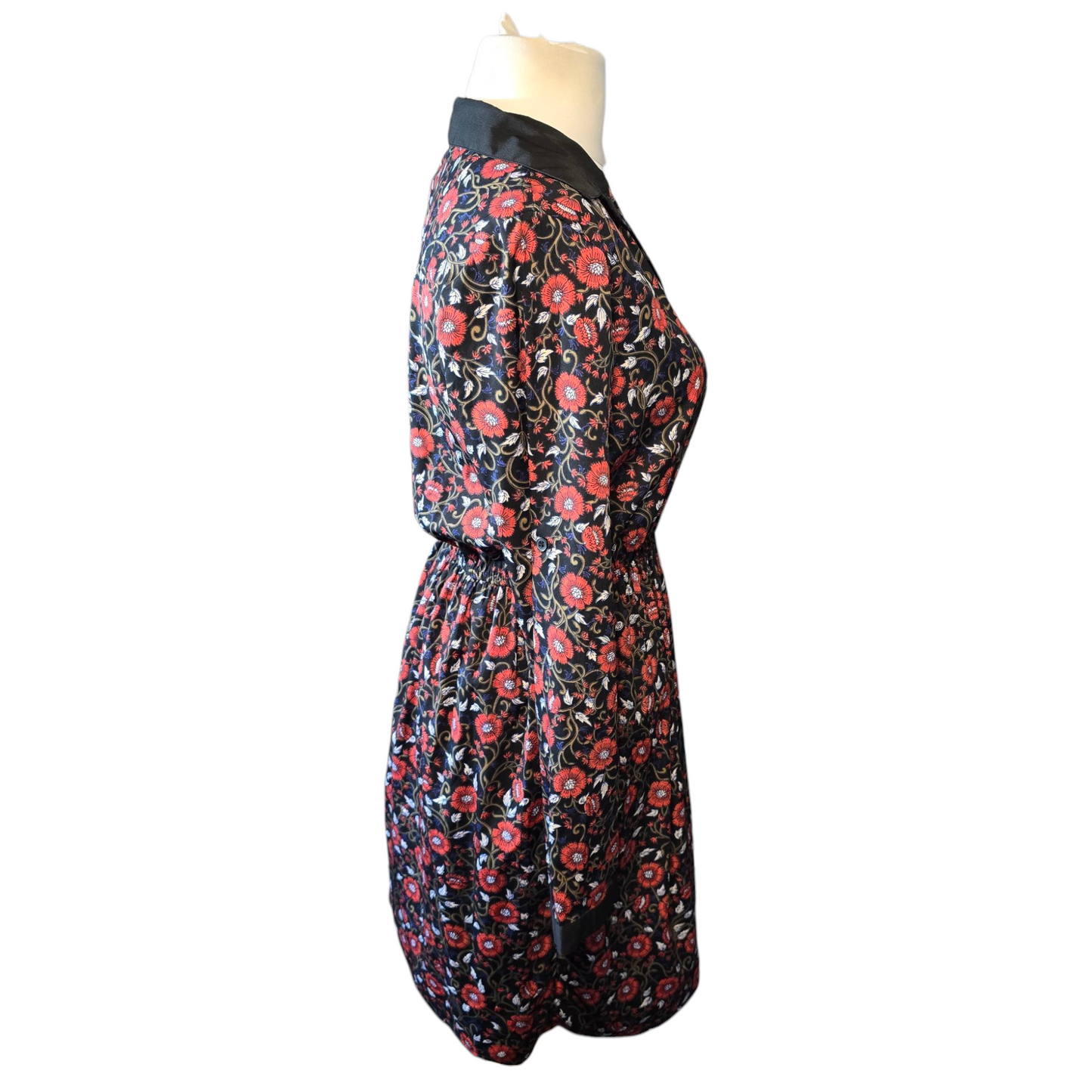 Primark Black & Red Floral Collared Dress – Size 12 – Long Sleeved Knee Length
