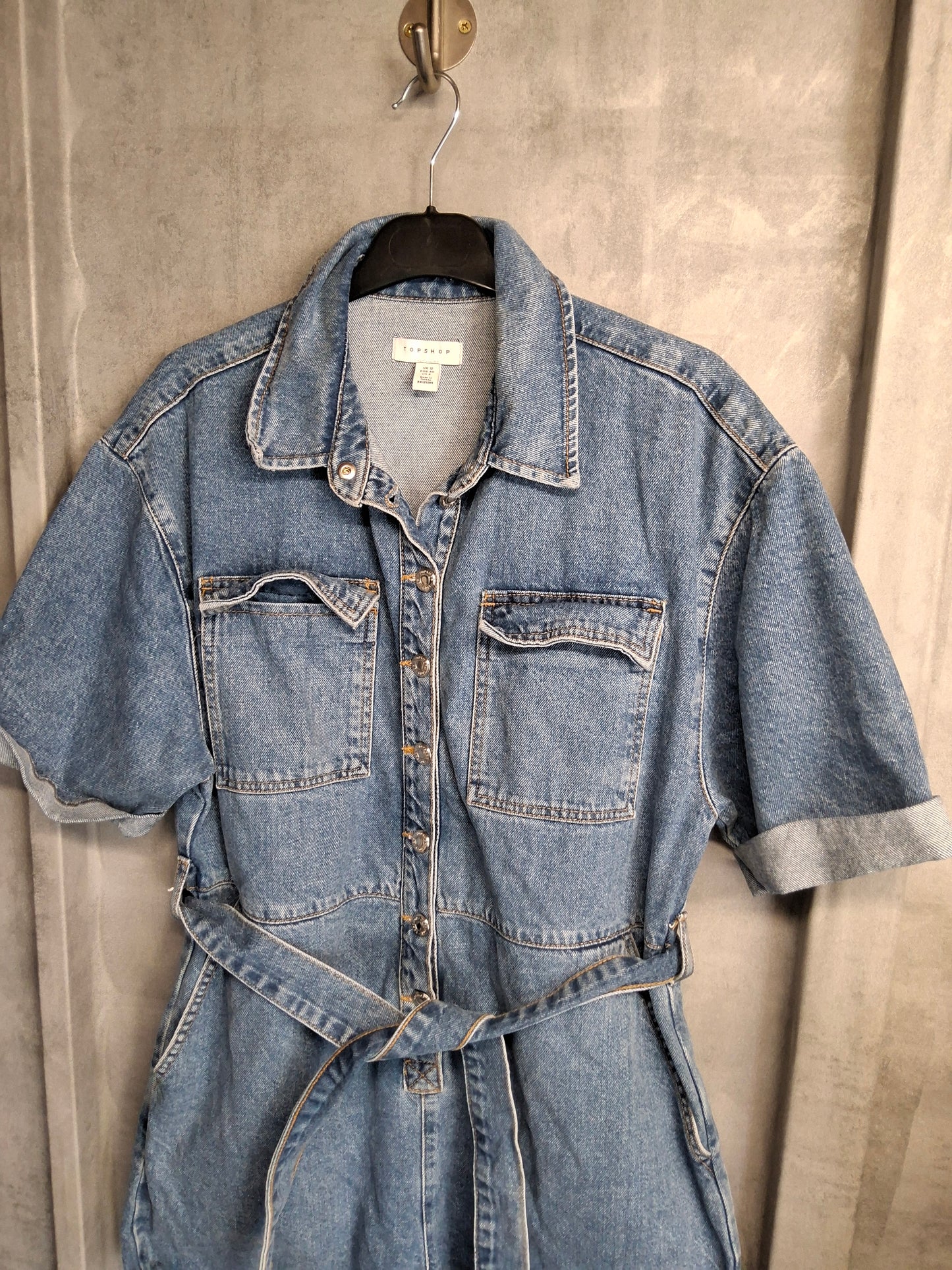 Topshop Denim Blue Boiler Suit Playsuit – Size 12 | 100% Cotton | Pockets & Belted Waist