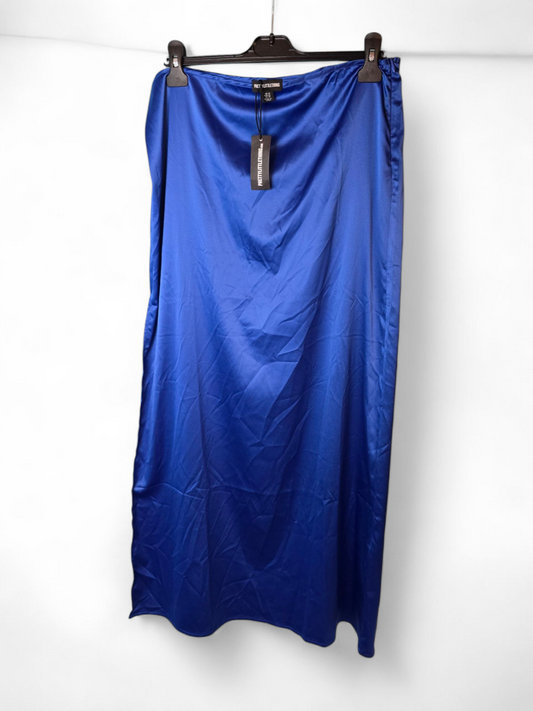 PrettyLittleThing Blue Silky Long Skirt Size 14 – High Side Slit, Zip Side, New with Tags