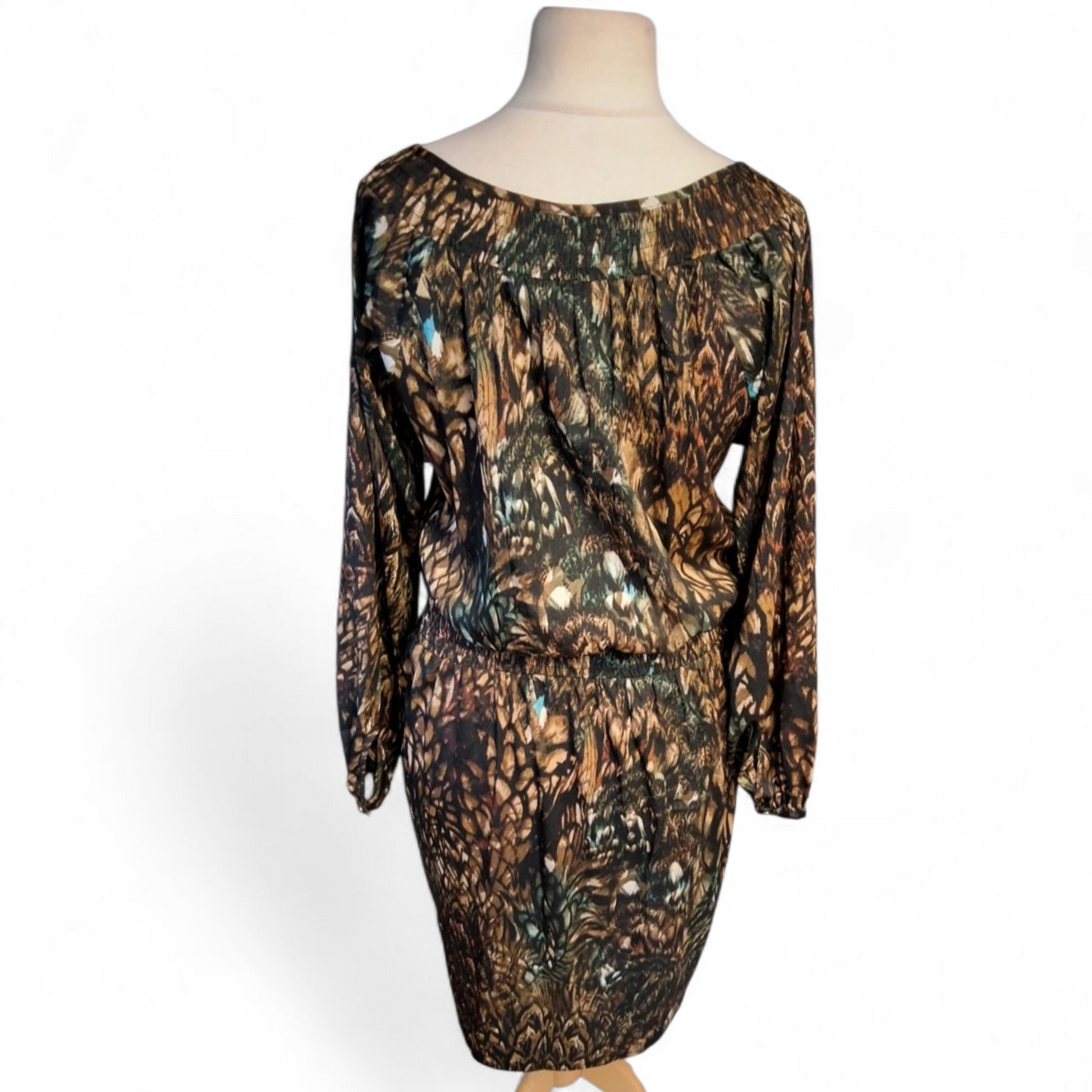 Laura Ashley Black Brown & Blue Patterned Long Sleeve Dress – Size 14