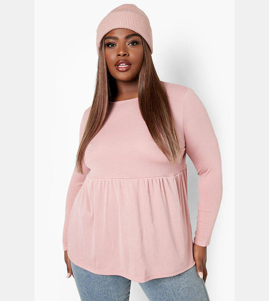 Boohoo Light Pink Ribbed Peplum Top – Size 16 – NWT