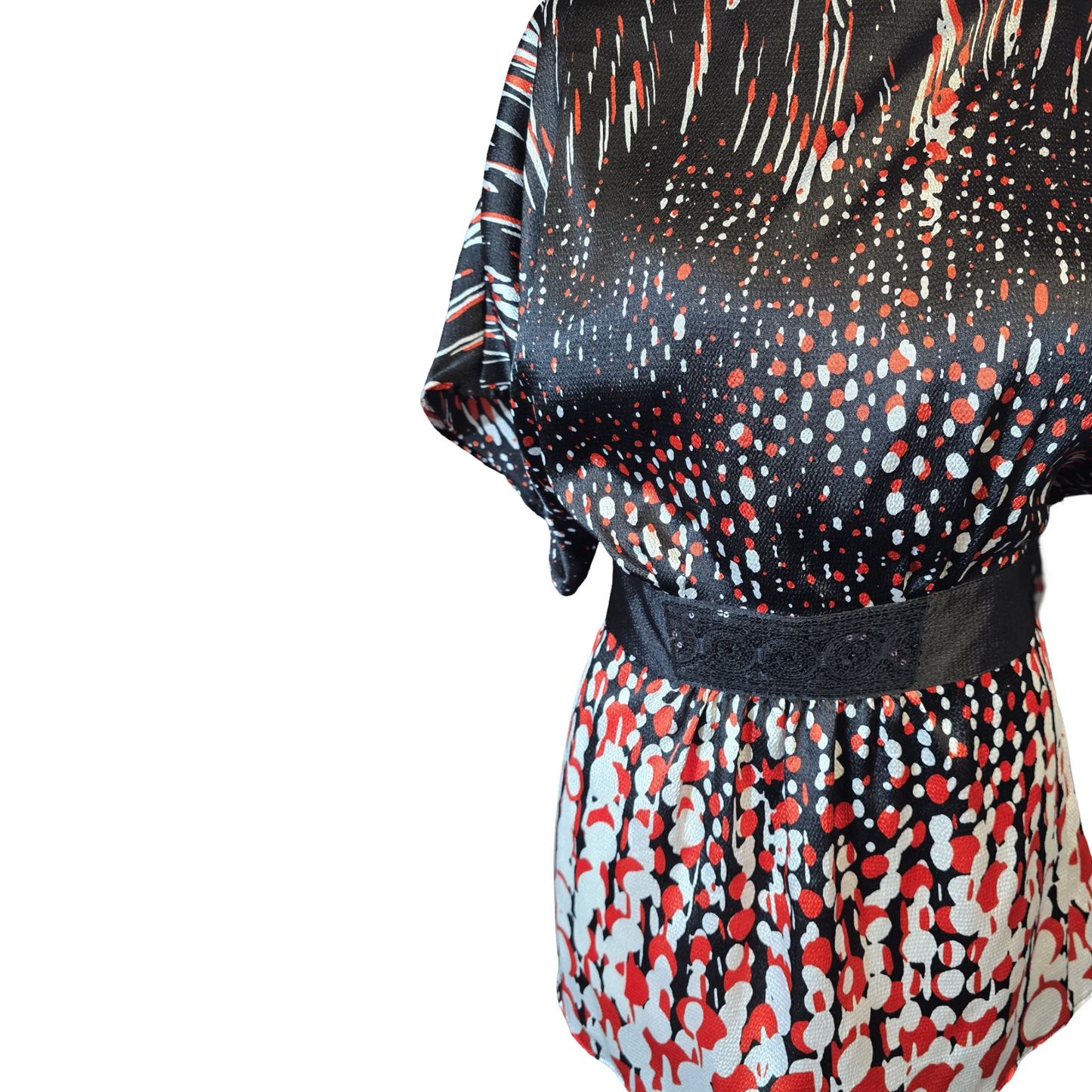 Monsoon Black, Red & White Silky Belted Top – Size 16 – Evening Occasion Wear