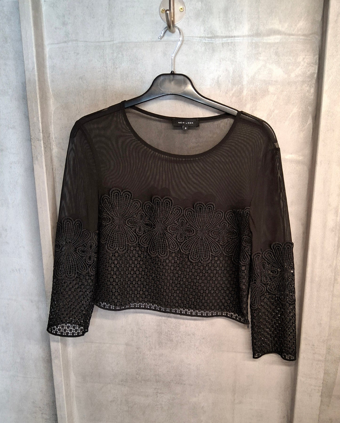 New Look Black Sheer Embroidered Crop Top – Size 8 – Side Zip – 100% Polyester