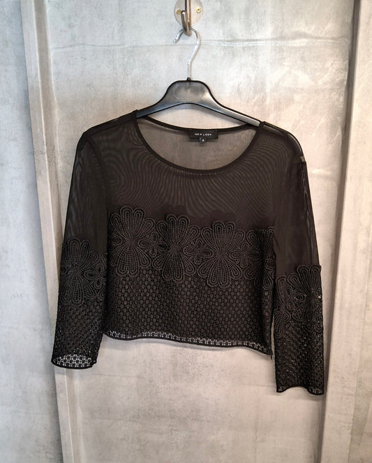 New Look Black Sheer Embroidered Crop Top – Size 8 – Side Zip – 100% Polyester