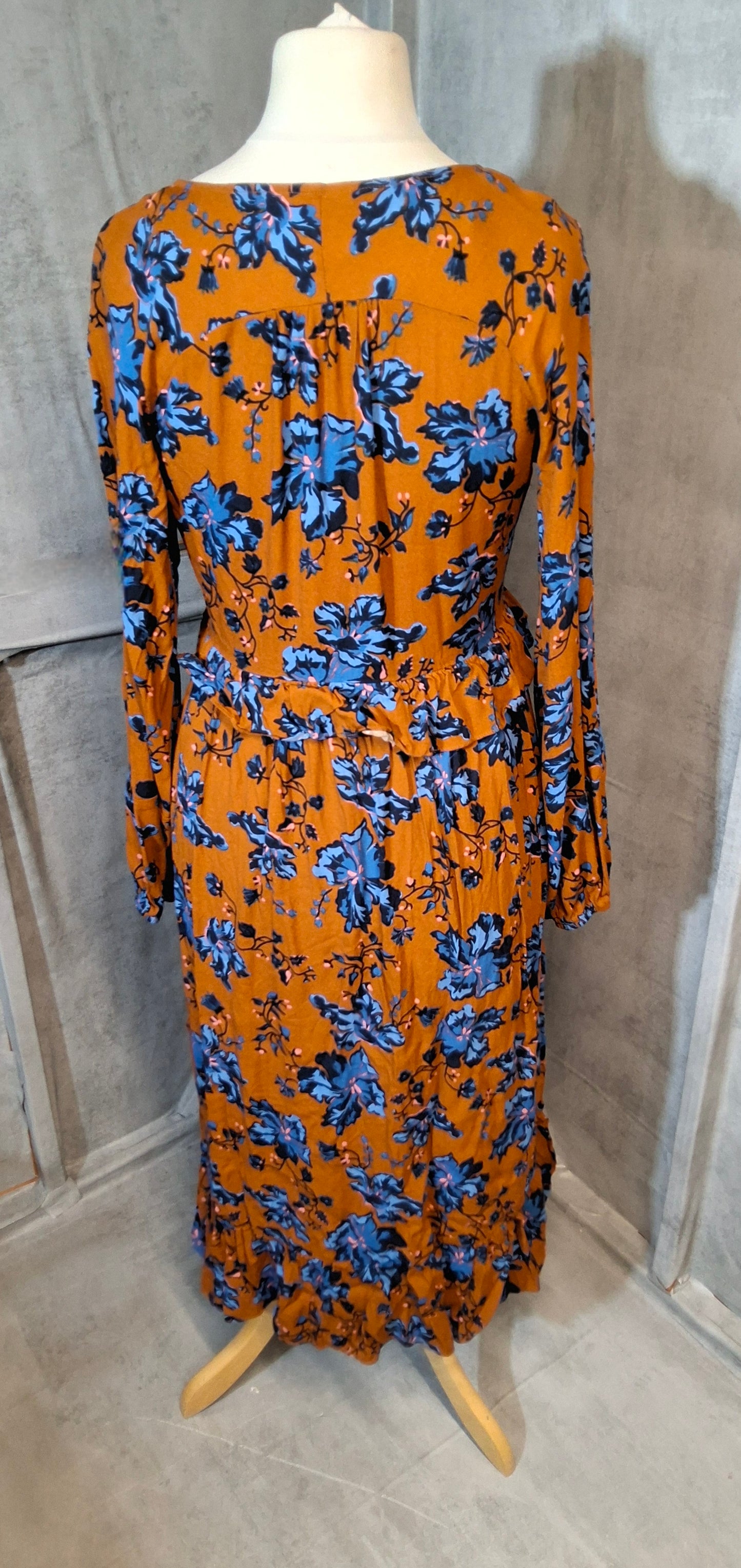 Oliver Bonas Boho Autumn Floral Midi Dress – Orange & Blue – UK 10
