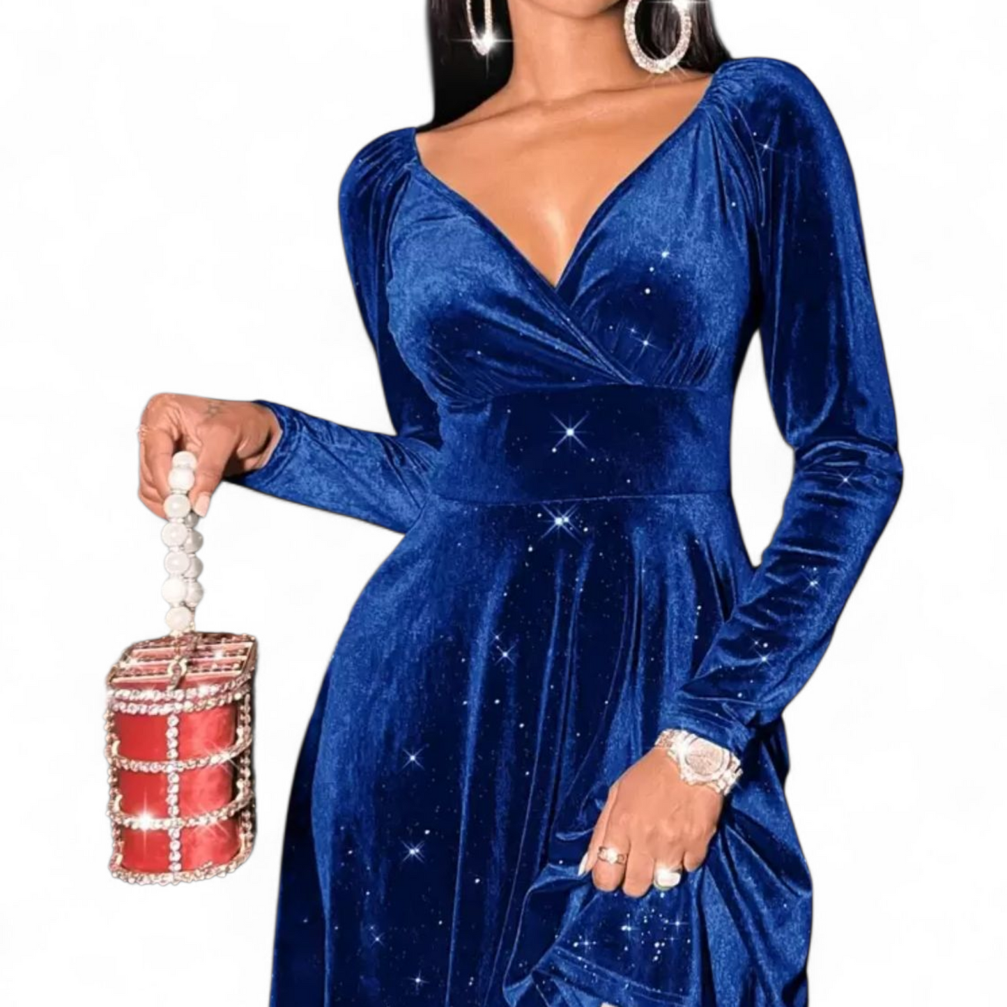 Shein Blue Glitter Velvet Flared Dress – Size XL (UK size 14/16)