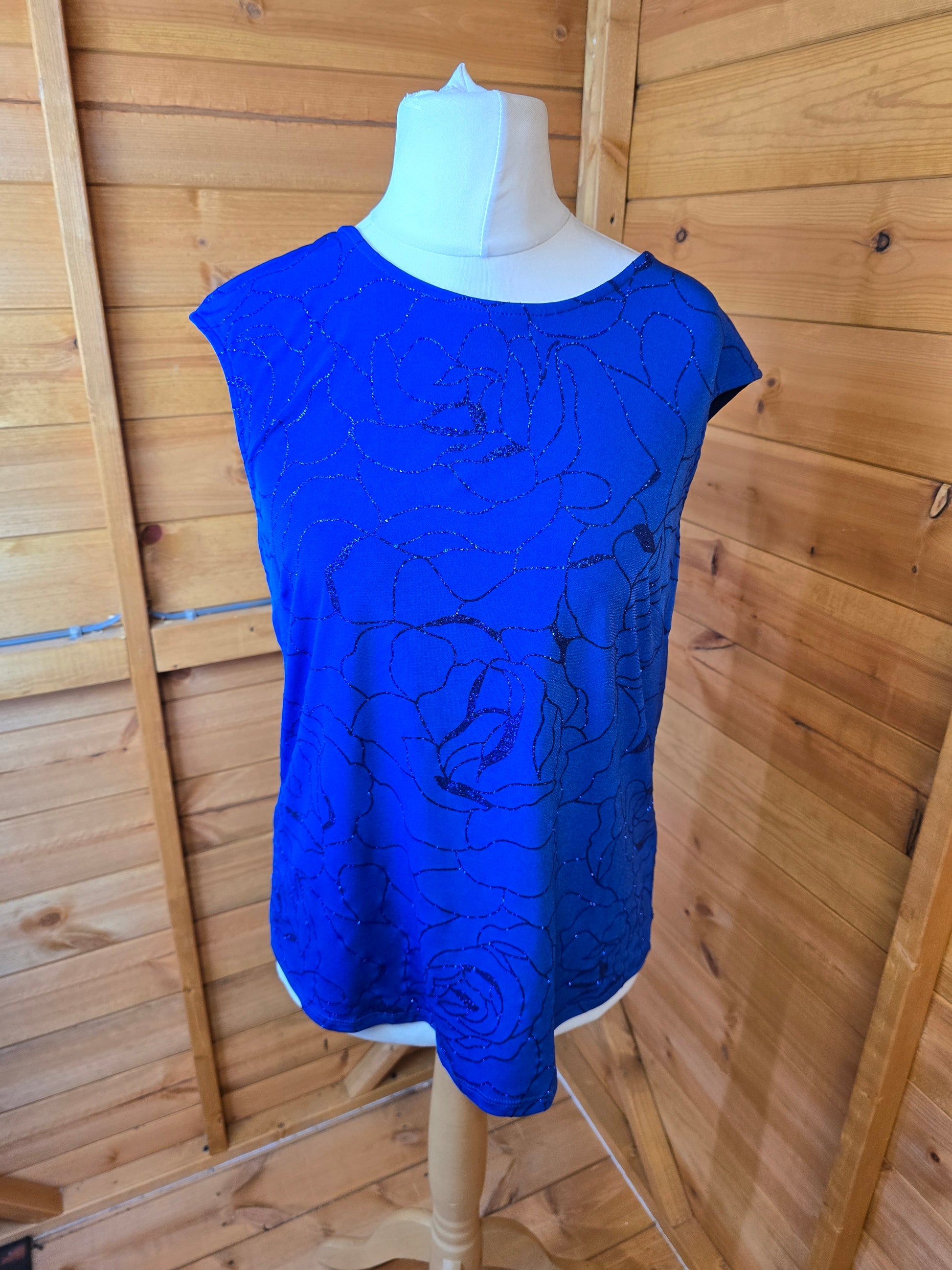 Roman Blue Glitter Floral Sleeveless Top Size 12 – Round Neck, Bow Back, Lightweight & Stylish