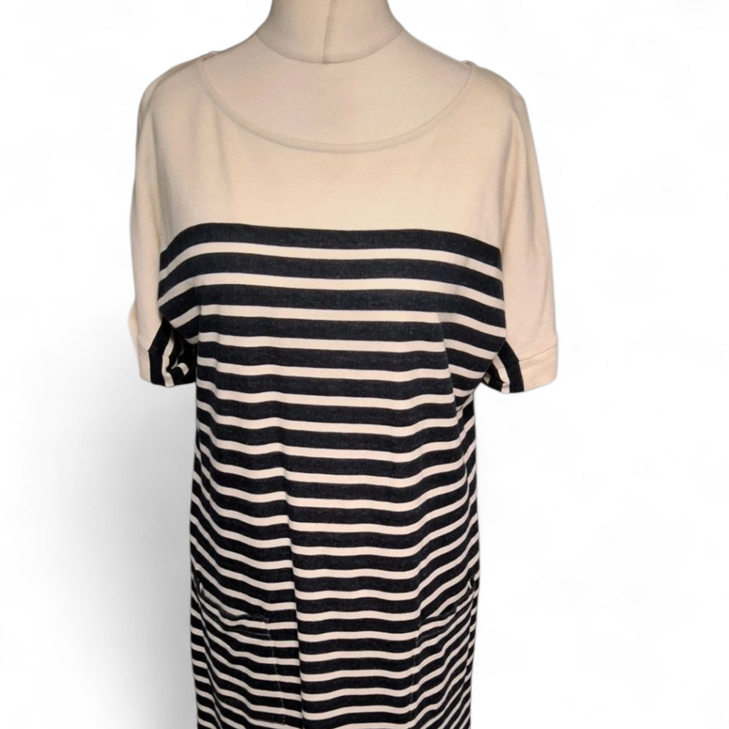 White Stuff Navy & White Stripe Cotton Midi Dress – Size 12