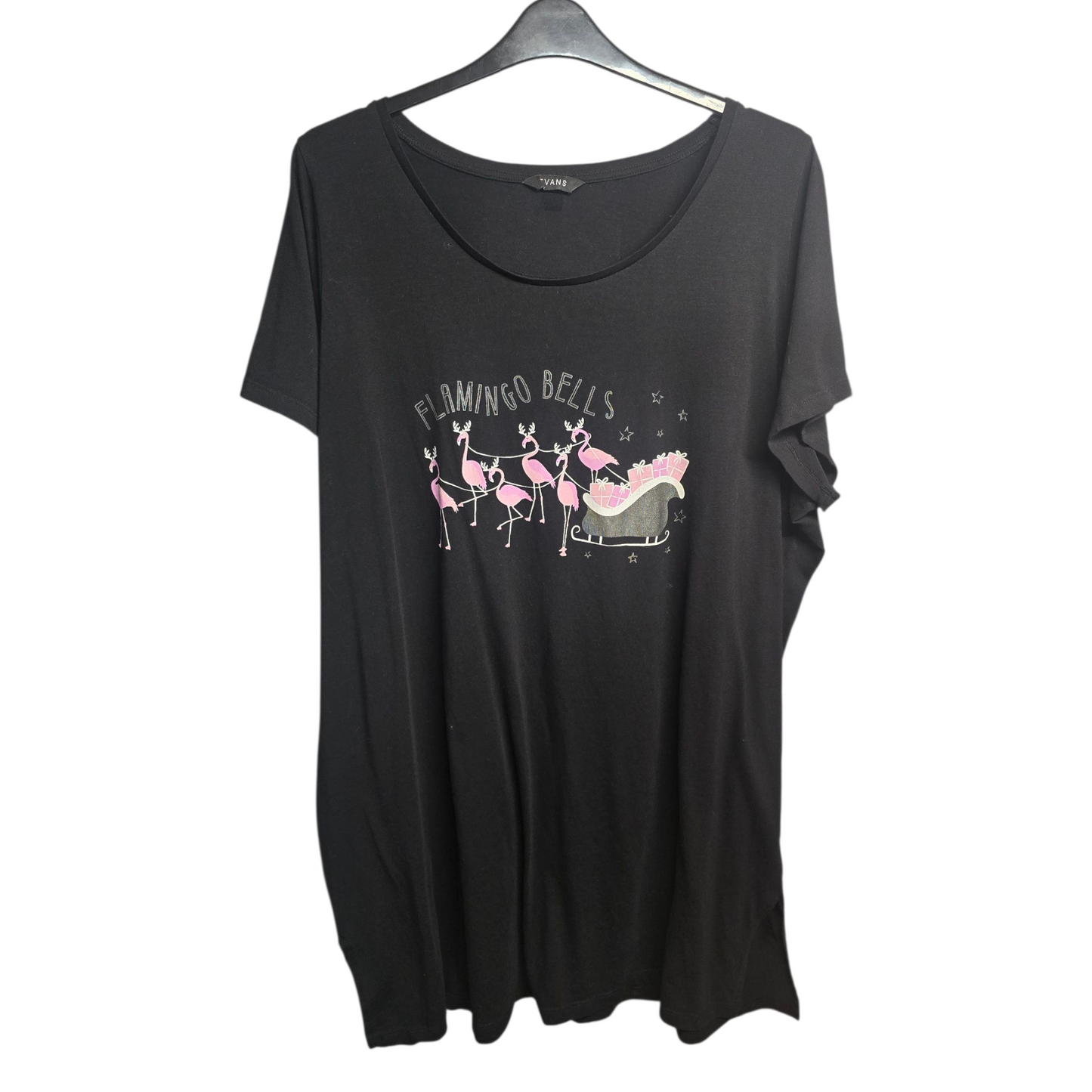 Evans Black Christmas T-Shirt Dress – Flamingo Bells Print – Size 26 – Short Sleeve