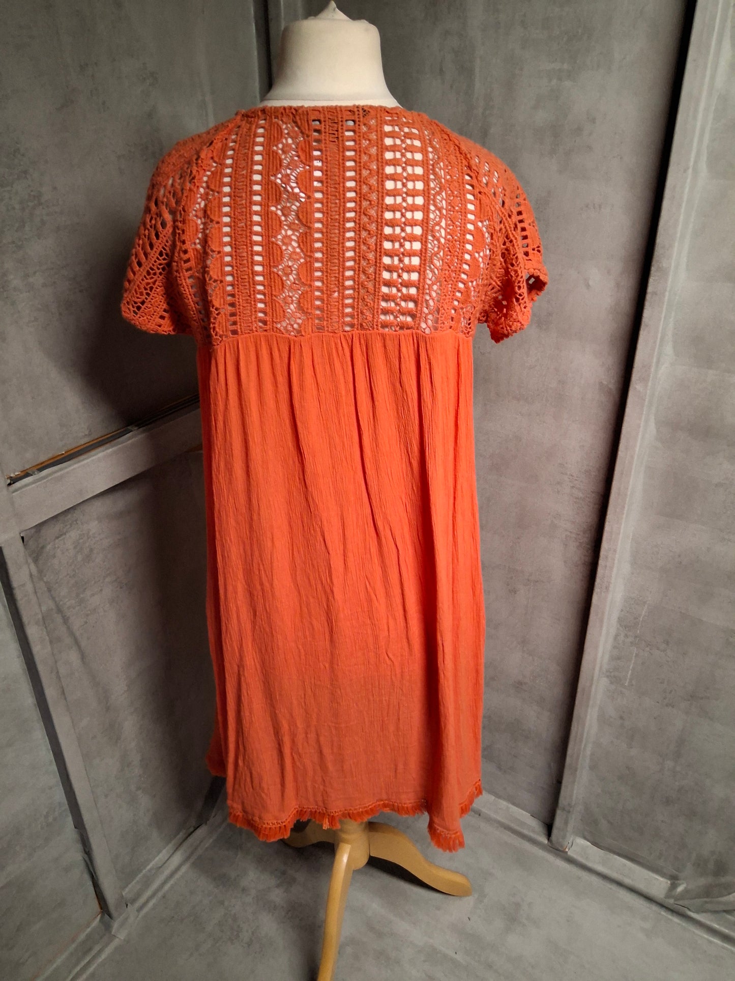 Next Coral Crochet Detail Crinkle Dress – Size 12 – Lightweight Knee-Length Summer Style