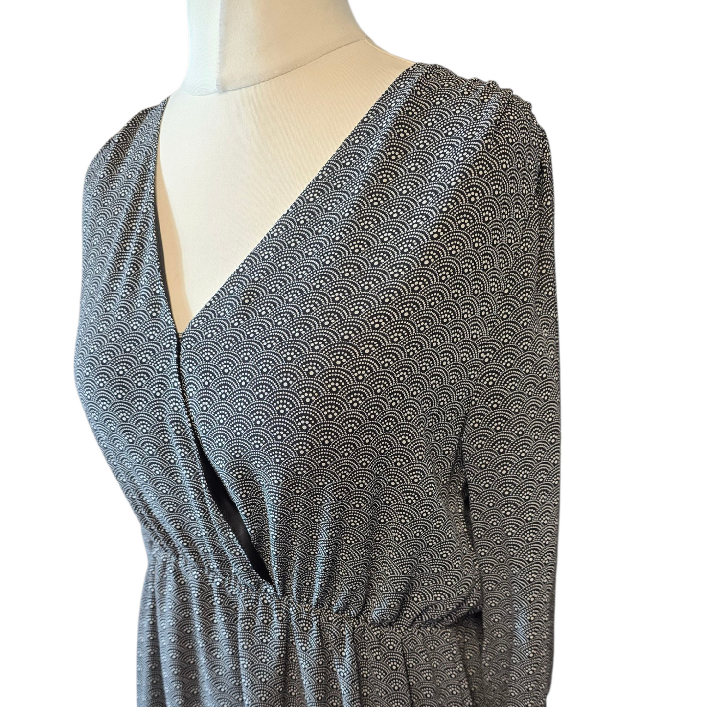 H&M Black & White Patterned Dress – Sheer 3/4 Sleeves, Elasticated Waist – Euro 42 / UK 14