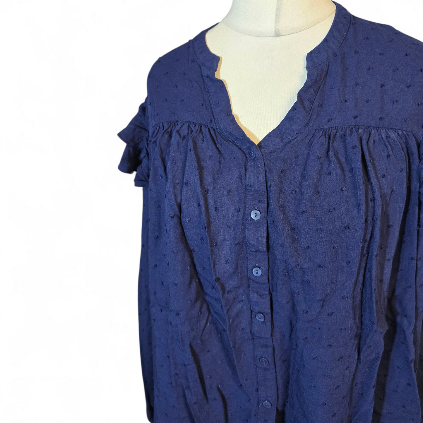 F&F Navy Frilly Embossed Blouse – V-Neck, Size 12