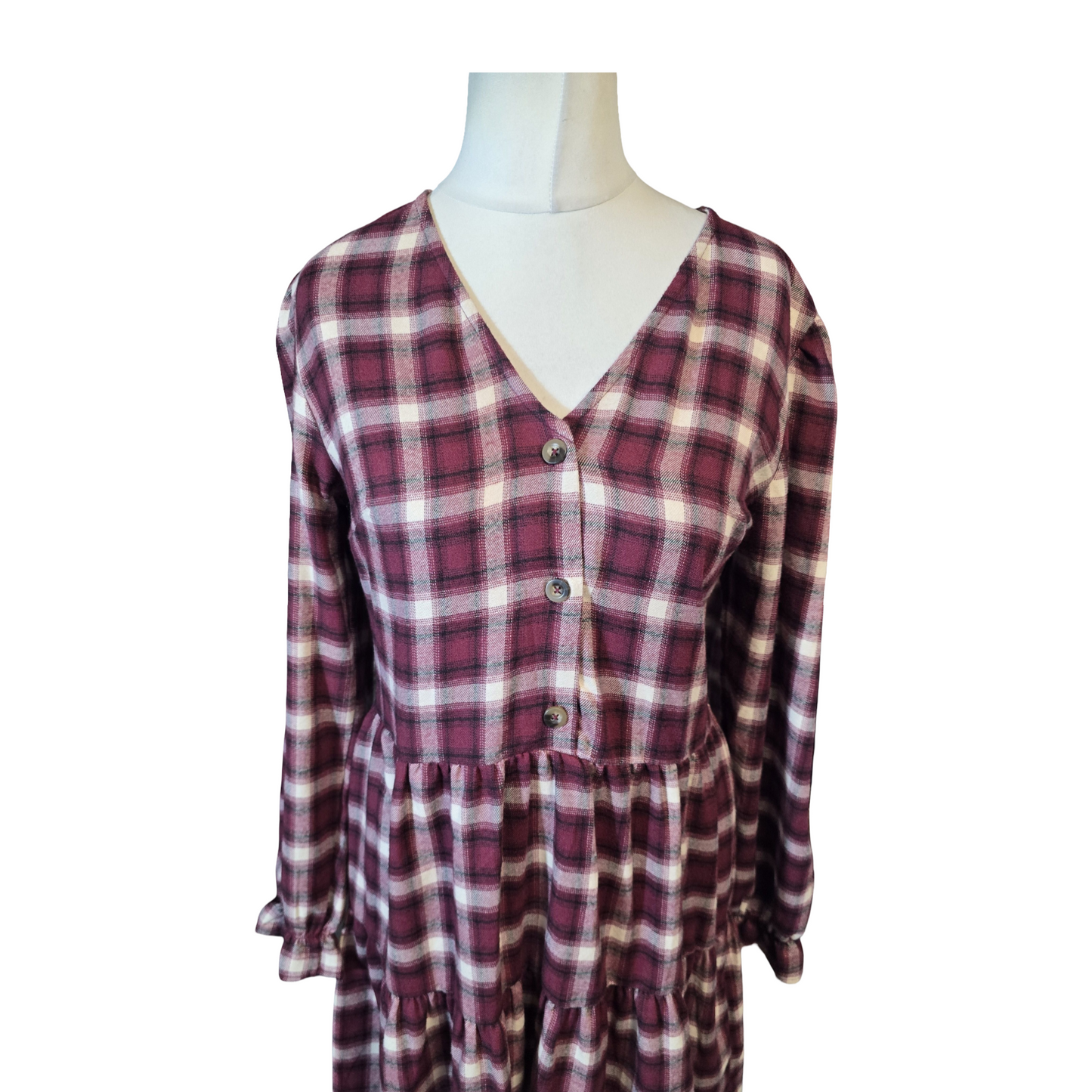 Primark Burgundy & White Checked Tiered Dress – Size 10 – Long Sleeve