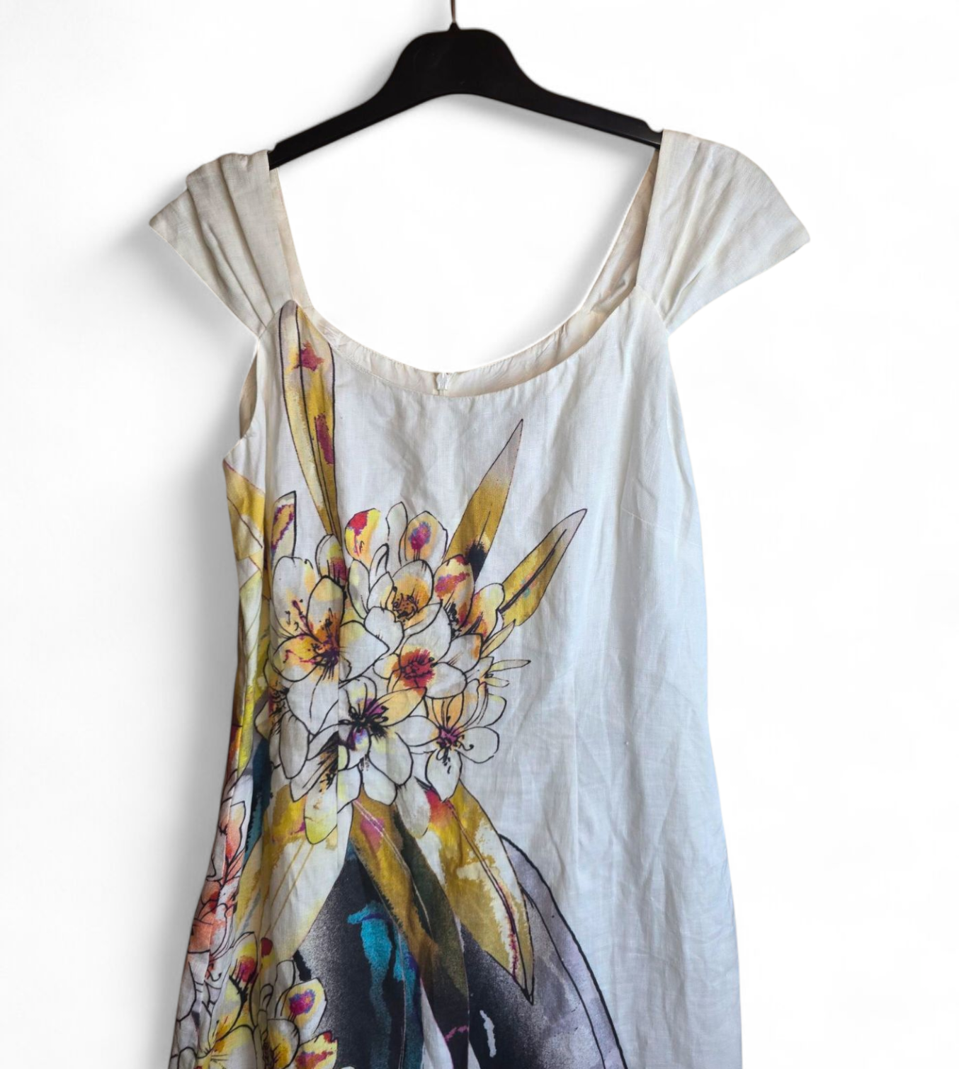 Michaela Louisa white floral short sleeved midi dress 100% linen size 8