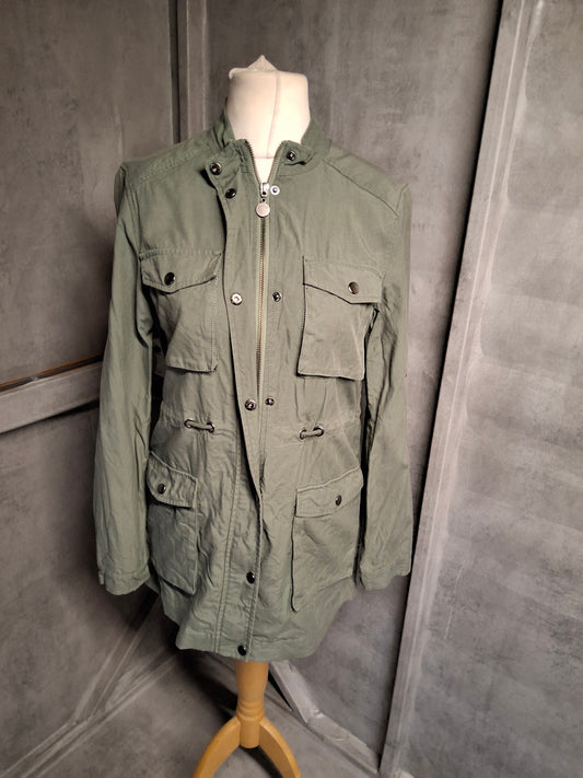 Thought Khaki Green Parka Jacket Size 10 – Lyocell/Cotton, Zip & Popper Close, Drawstring Waist