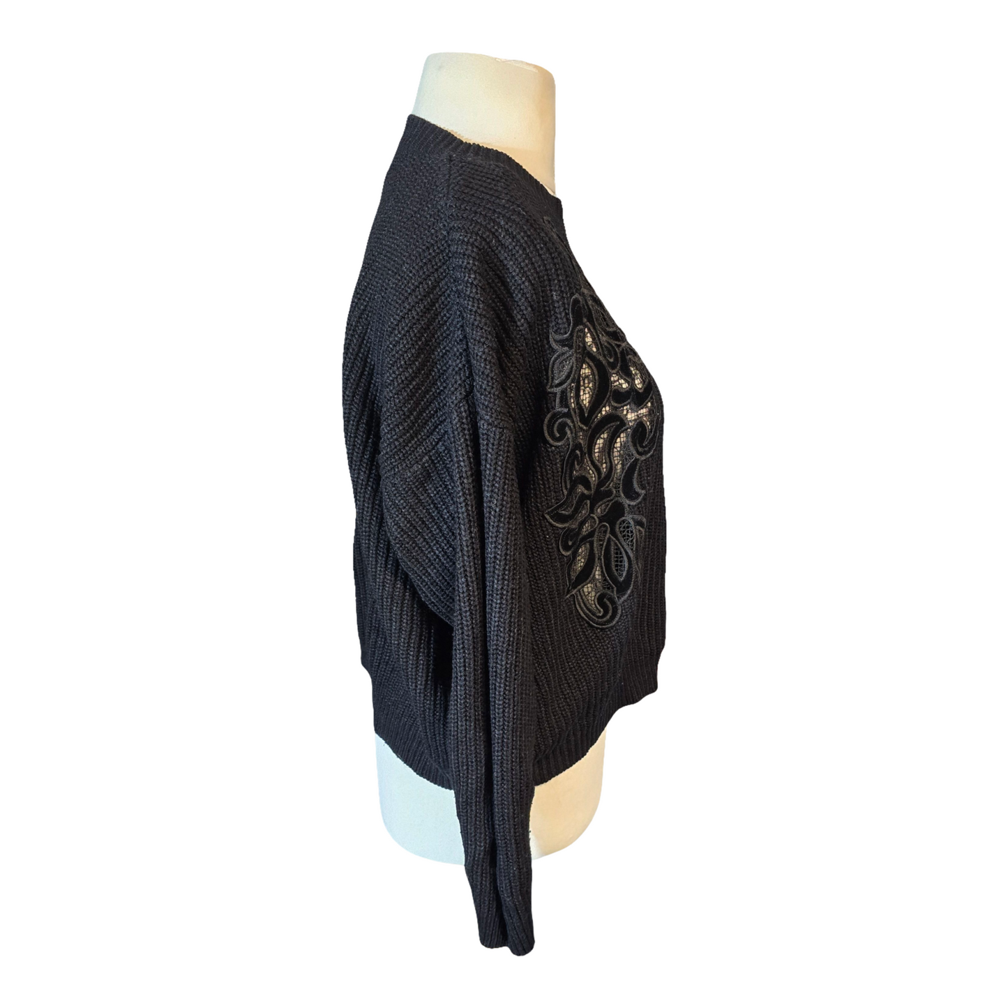 New Look Black Oversized Knit Jumper – Sheer Floral Front – Size S (UK size 8/10)