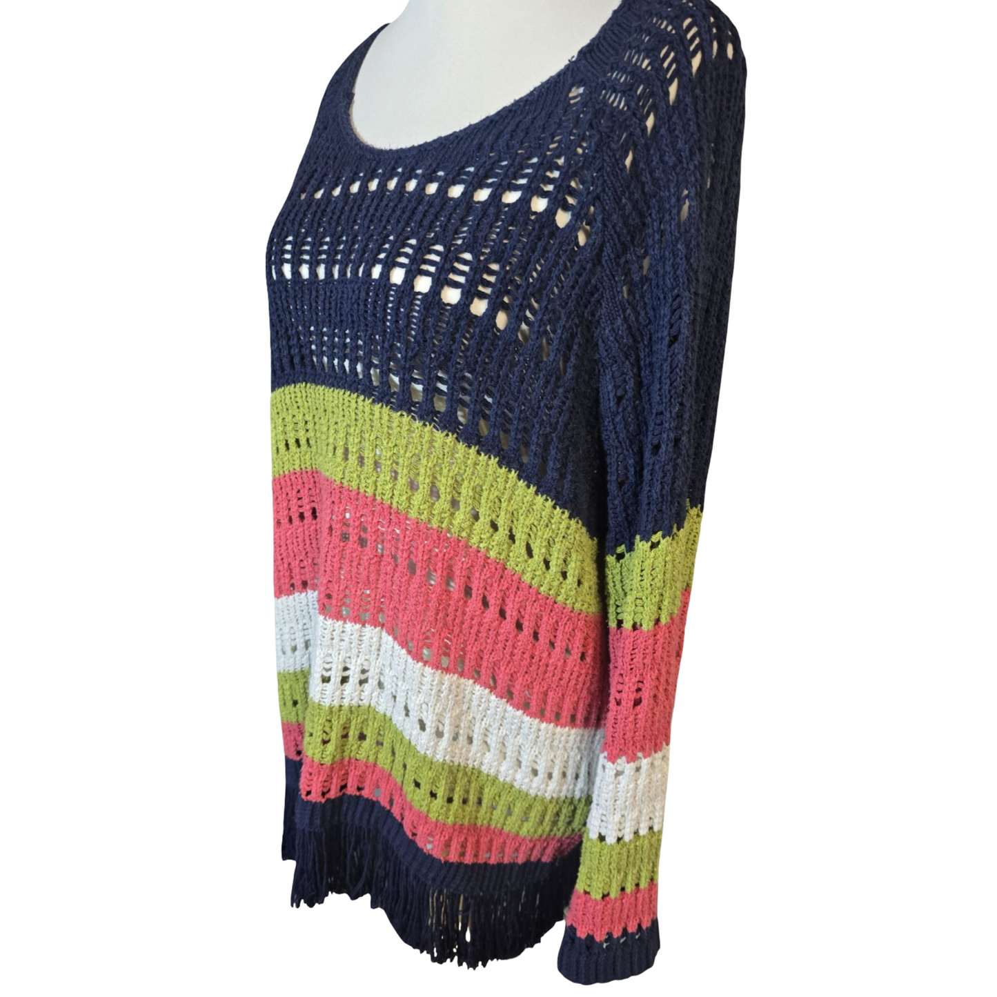 Next Multicoloured Striped Crochet Tassel Jumper – Size 16/18 – Boho Sheer Knit