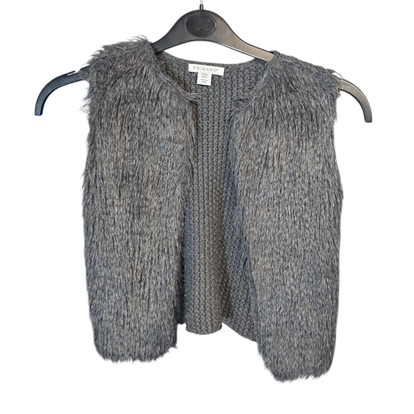 Primark Grey Faux Fur & Knit Gilet – Girls 5–6 Years – Sleeveless Open Front