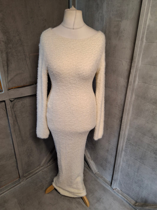 PLT White Fluffy Knit Maxi Dress – Size L (UK 12) – NWT Cosy Bodycon
