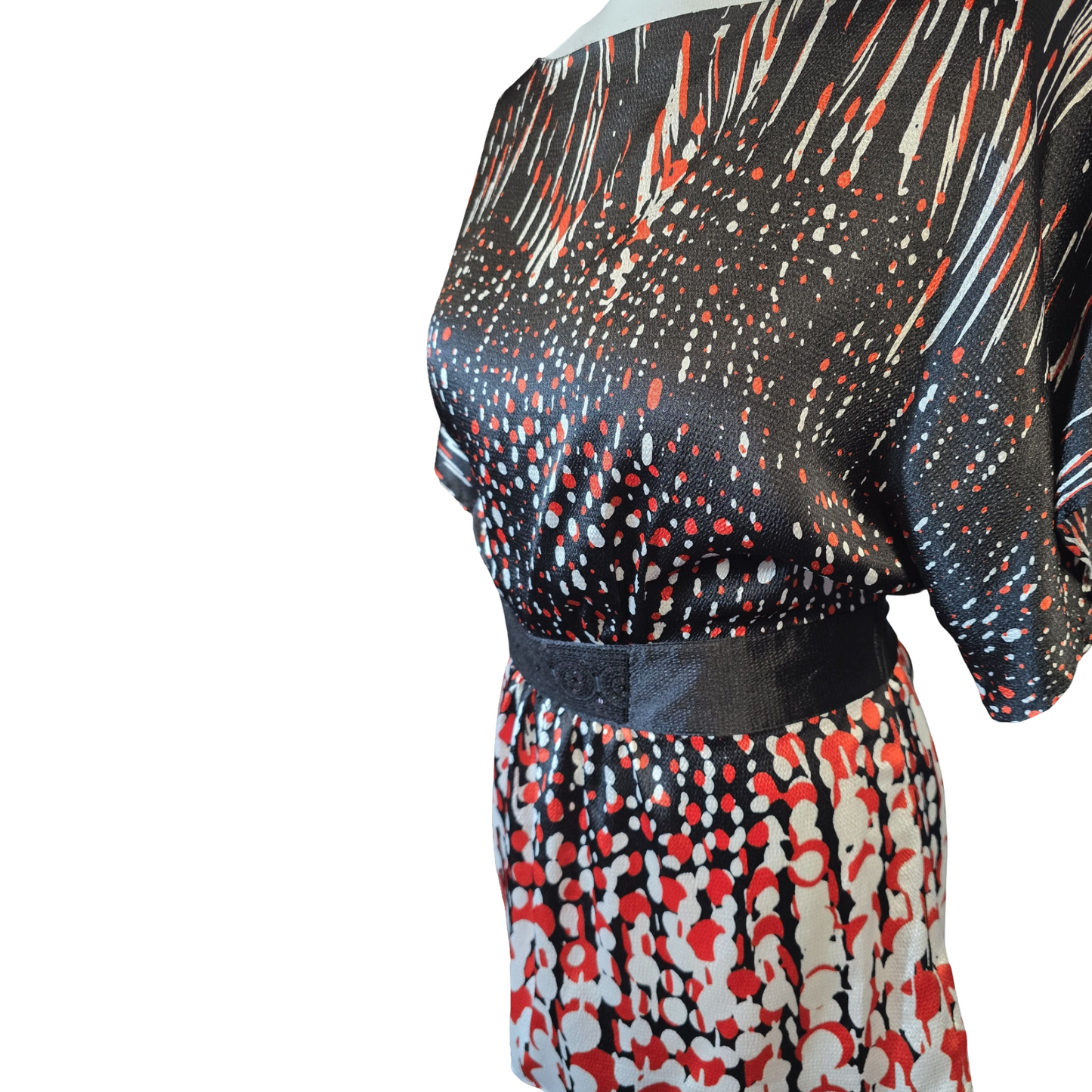 Monsoon Black, Red & White Silky Belted Top – Size 16 – Evening Occasion Wear