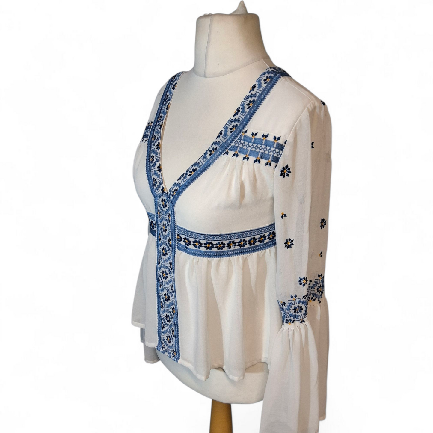 Topshop White & Blue Embroidered Top – Size 10 – Sheer Flared Sleeves