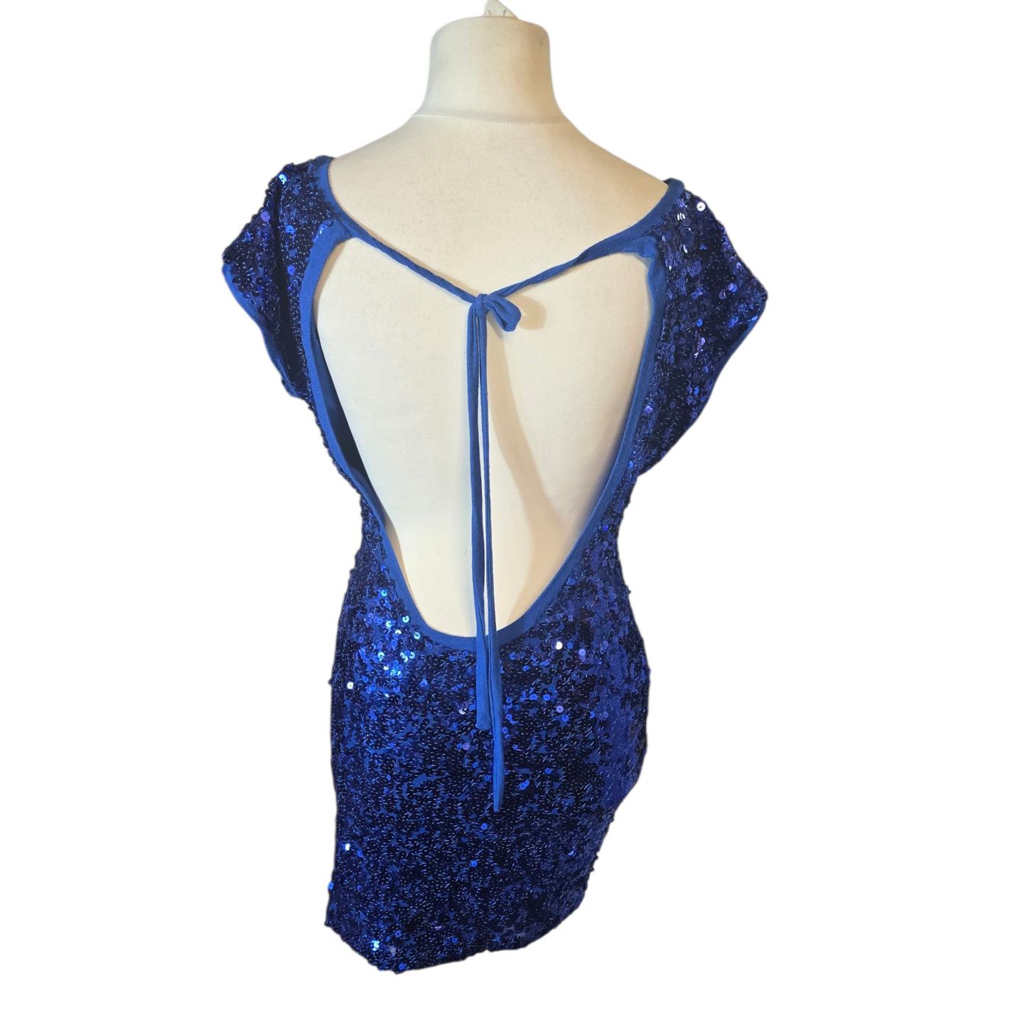TFNC London Blue Sequin Mini Dress – Size M (size 12/14) – Open Back Party Sparkle