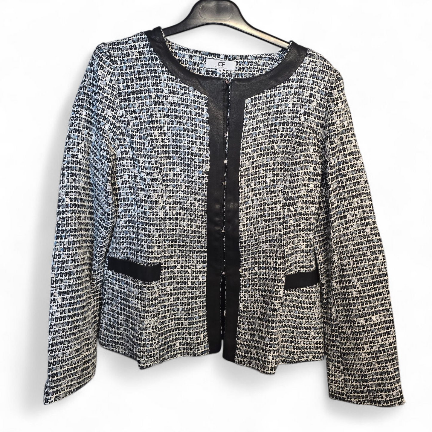 Chenai Frazer Maternity Skirt Suit – Black, Grey & White Knit – Faux Leather Trim – Size M (UK size 10/12)