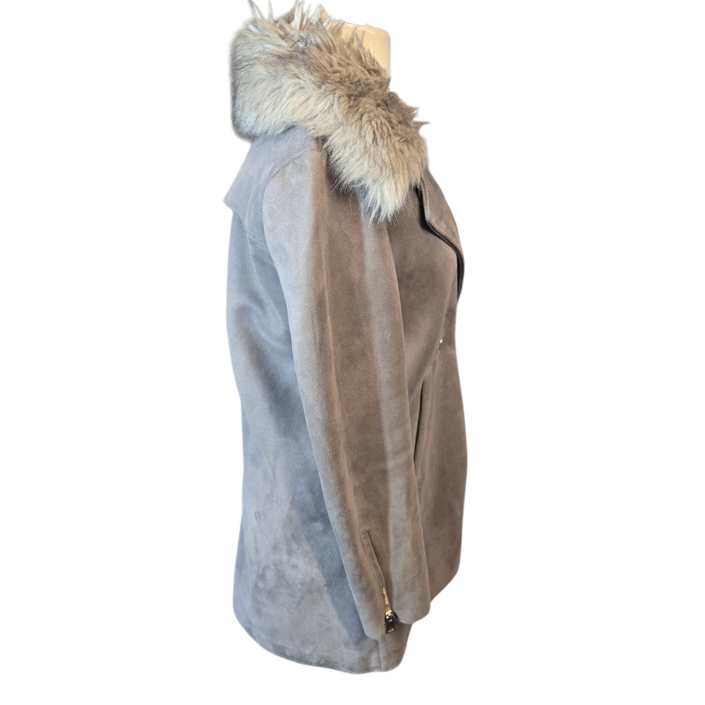 River Island Grey Suedette Coat – Size 10 – Faux Fur Collar Wrap Style Oversized