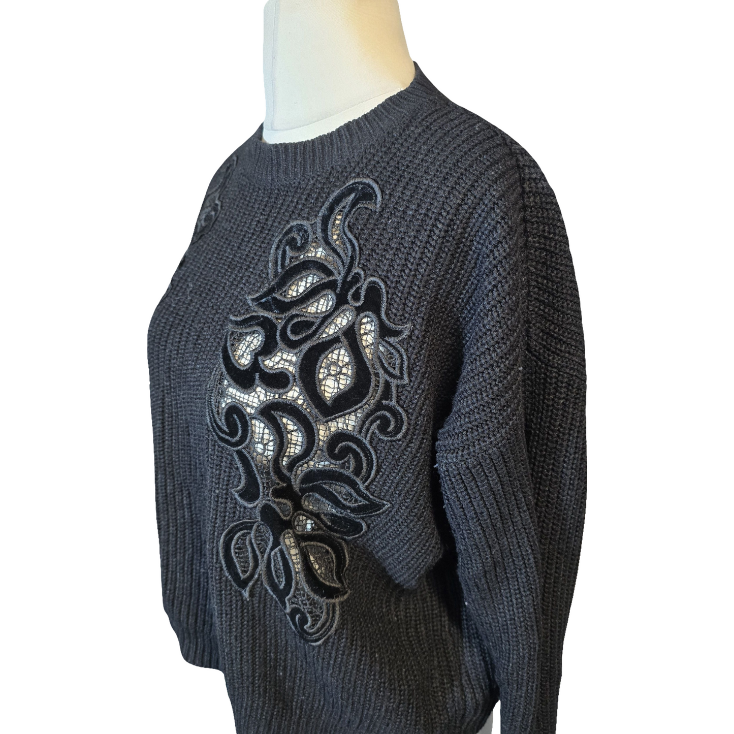 New Look Black Oversized Knit Jumper – Sheer Floral Front – Size S (UK size 8/10)