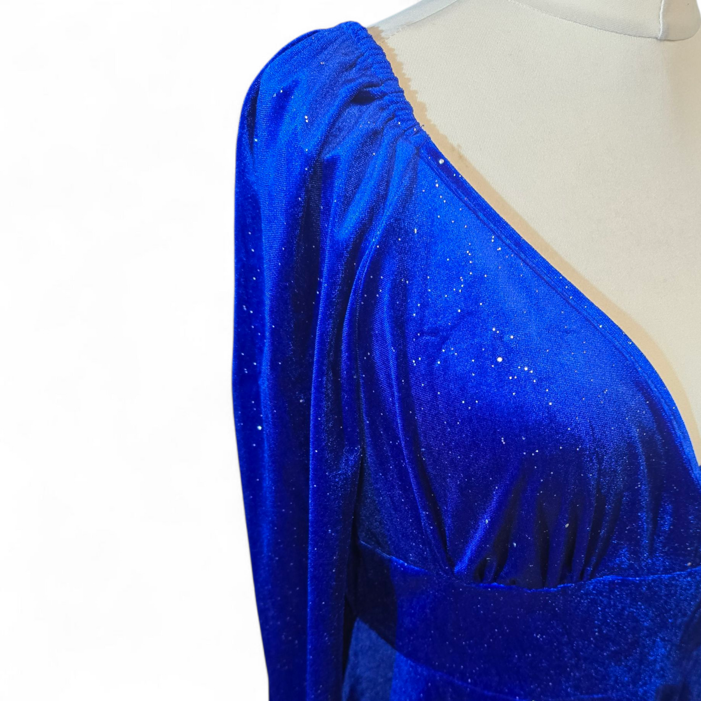 Shein Blue Glitter Velvet Flared Dress – Size XL (UK size 14/16)