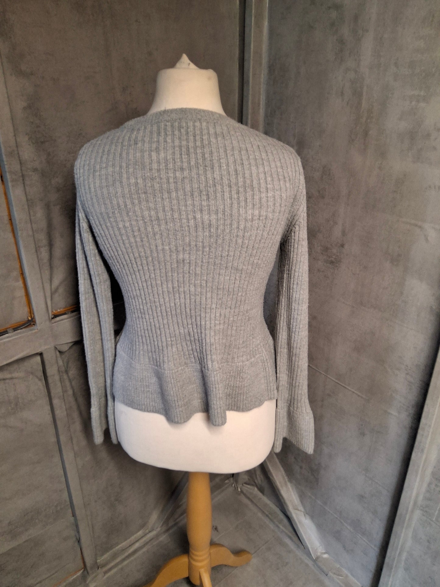 M&S Grey Peplum Knit Jumper – Size 10 – Flared Sleeves