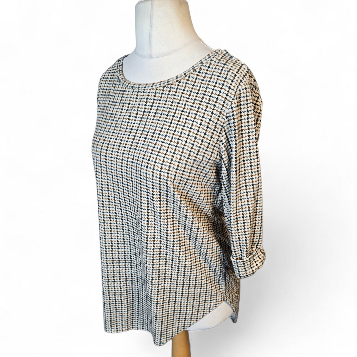 Beloved Beige & Brown 3/4 Sleeve Longline Top – Size L (Fits UK size 12)