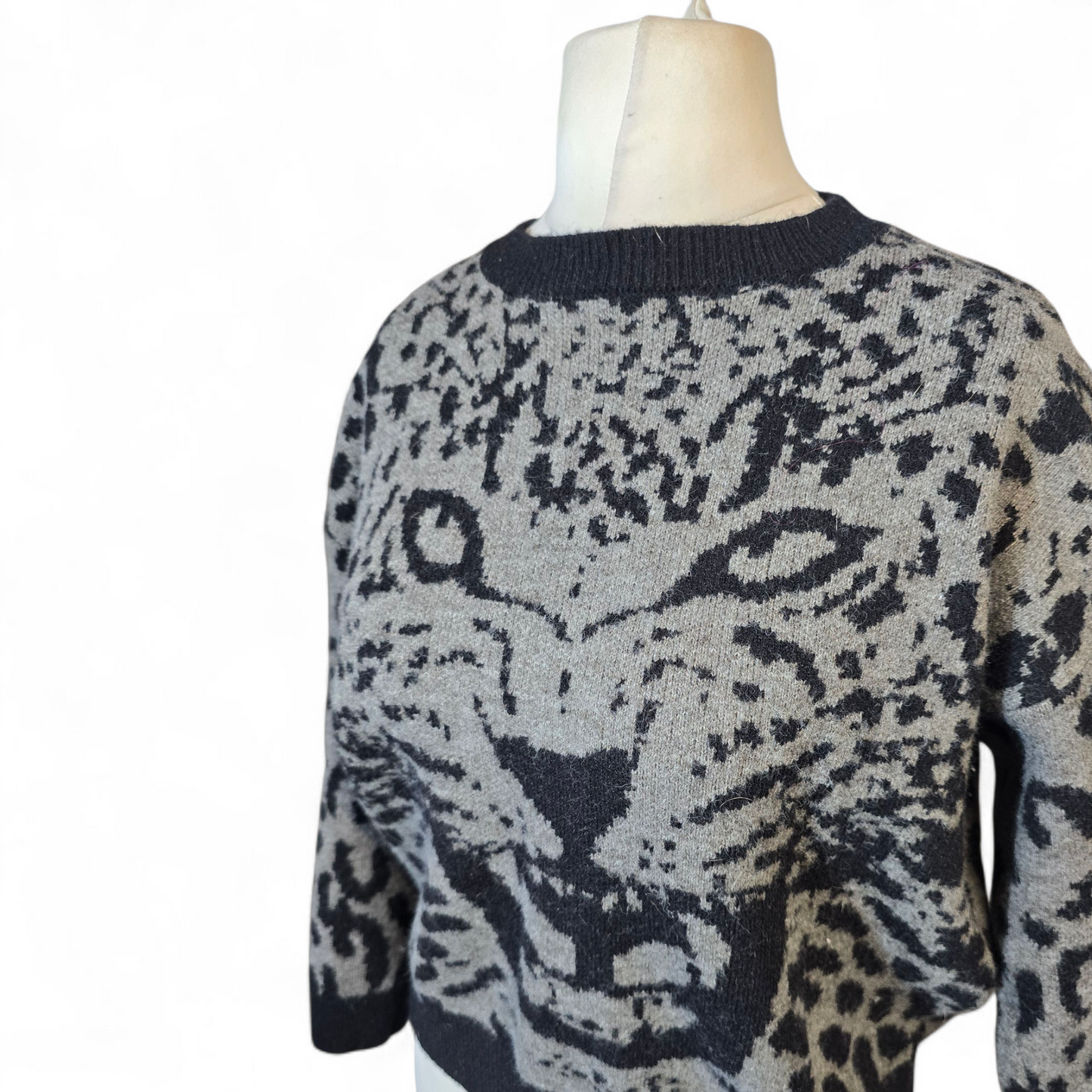 Qed London Grey & Black Animal Print Jumper – Slightly Cropped Oversized Style – Size 10/12