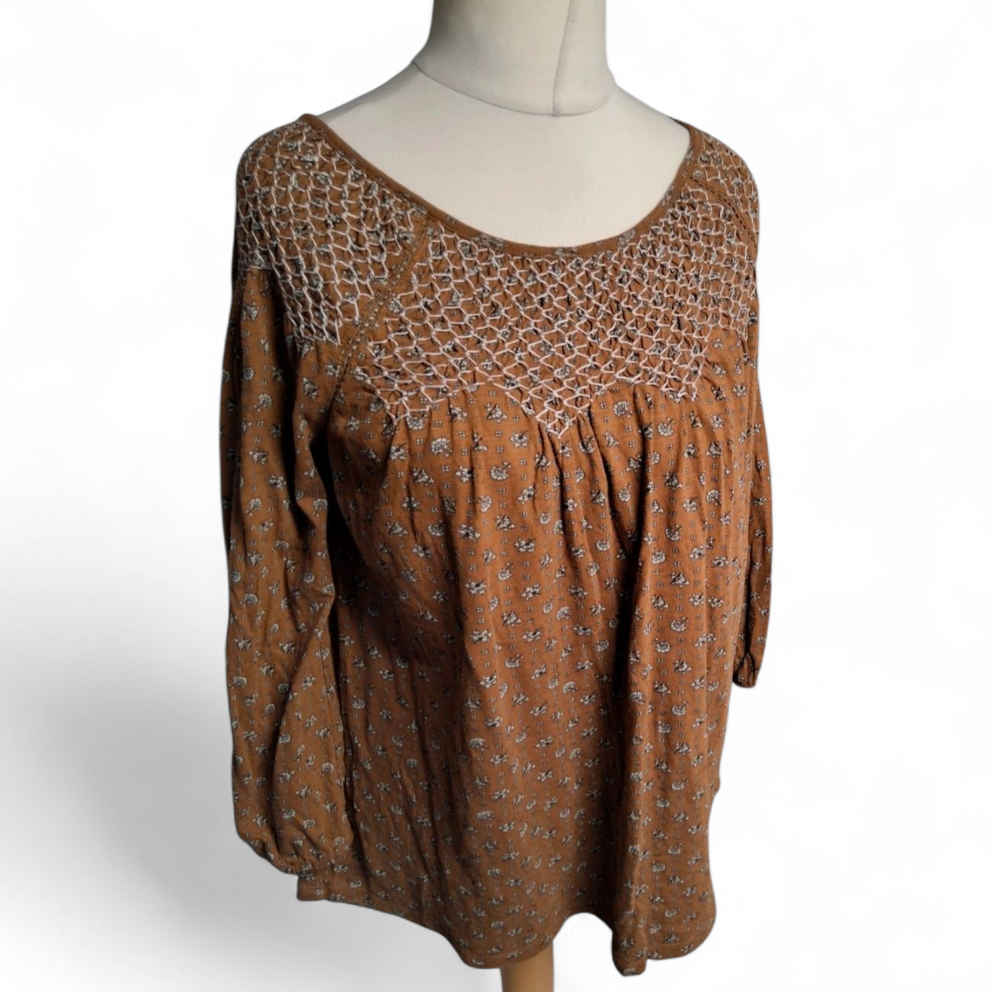 FatFace Brown Floral ¾ Sleeve Top – Size 14 – 100% Cotton