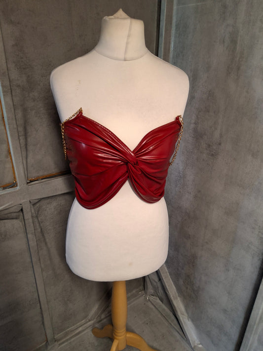Shein Red Faux Leather Crop Top – Size M (size 10/12) PVC Gold Chain Straps Clubwear
