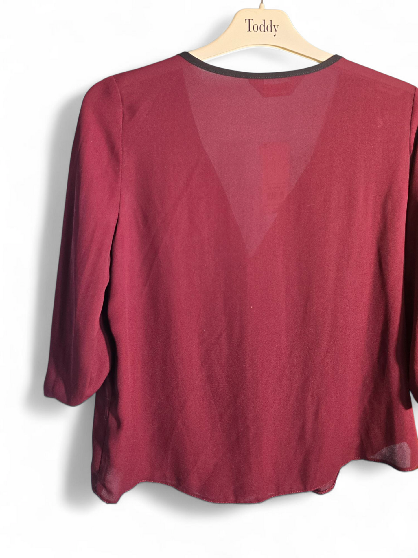 Dorothy Perkins Petite Red & Black Blouse – Size 12, 3/4 Sleeves, V-Neck, Sheer, BNWT