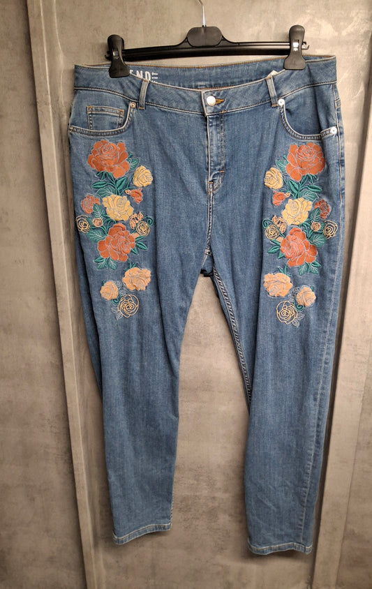M&S Blue Floral Embroidered Girlfriend Jeans – Size 16