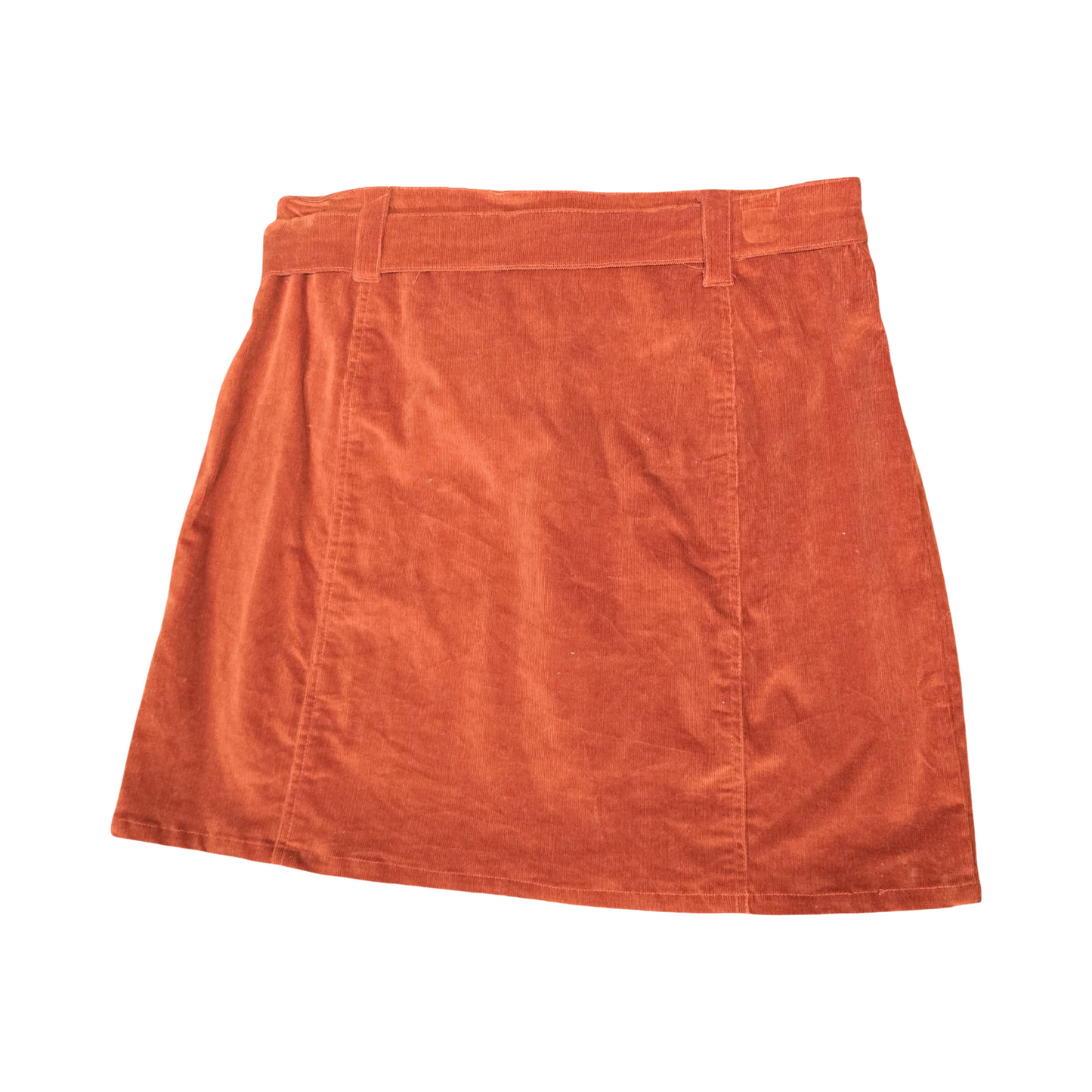 Motel Burnt Orange Cord Mini Skirt – Belted + Zip Front – Size 12