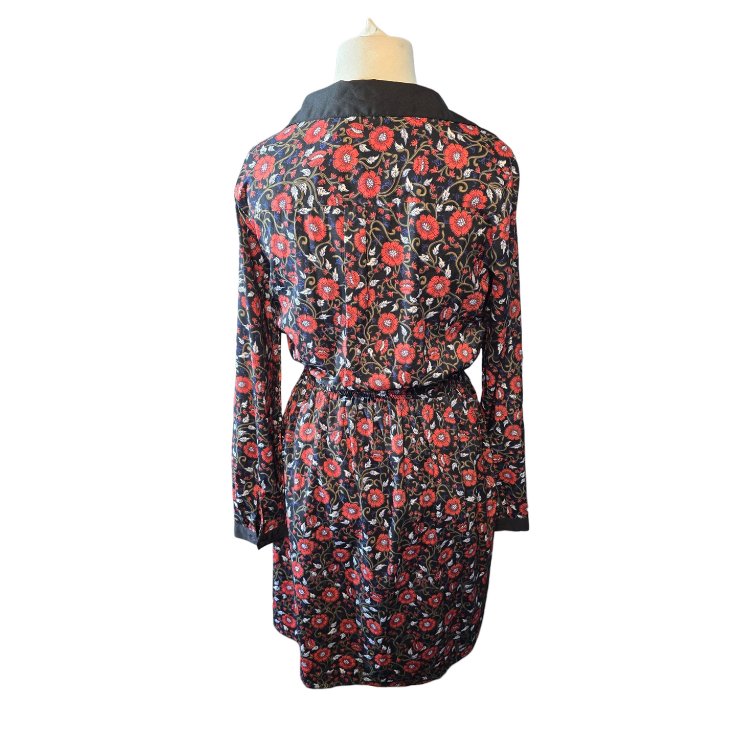 Primark Black & Red Floral Collared Dress – Size 12 – Long Sleeved Knee Length