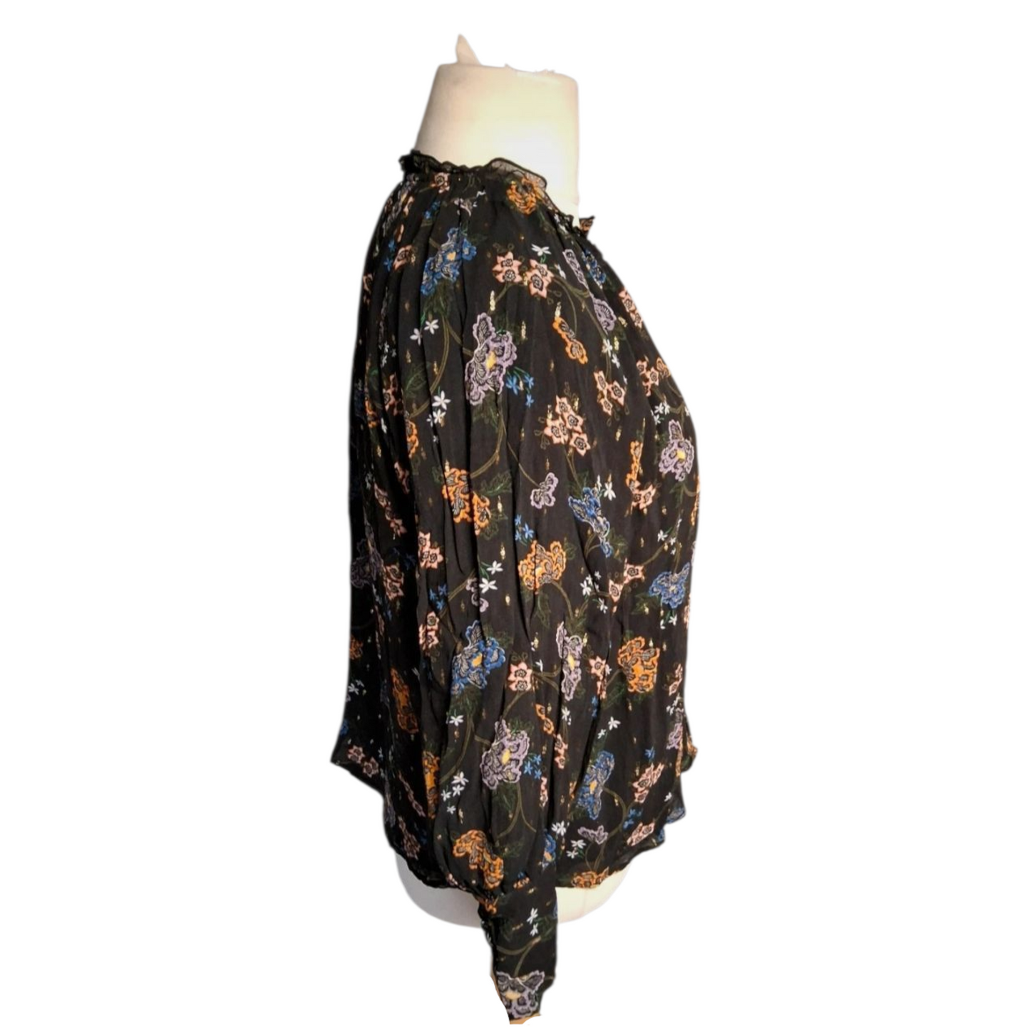 Per Una Black Floral Blouse – Size 14 – Autumn Colours, Glitter & Frill Collar