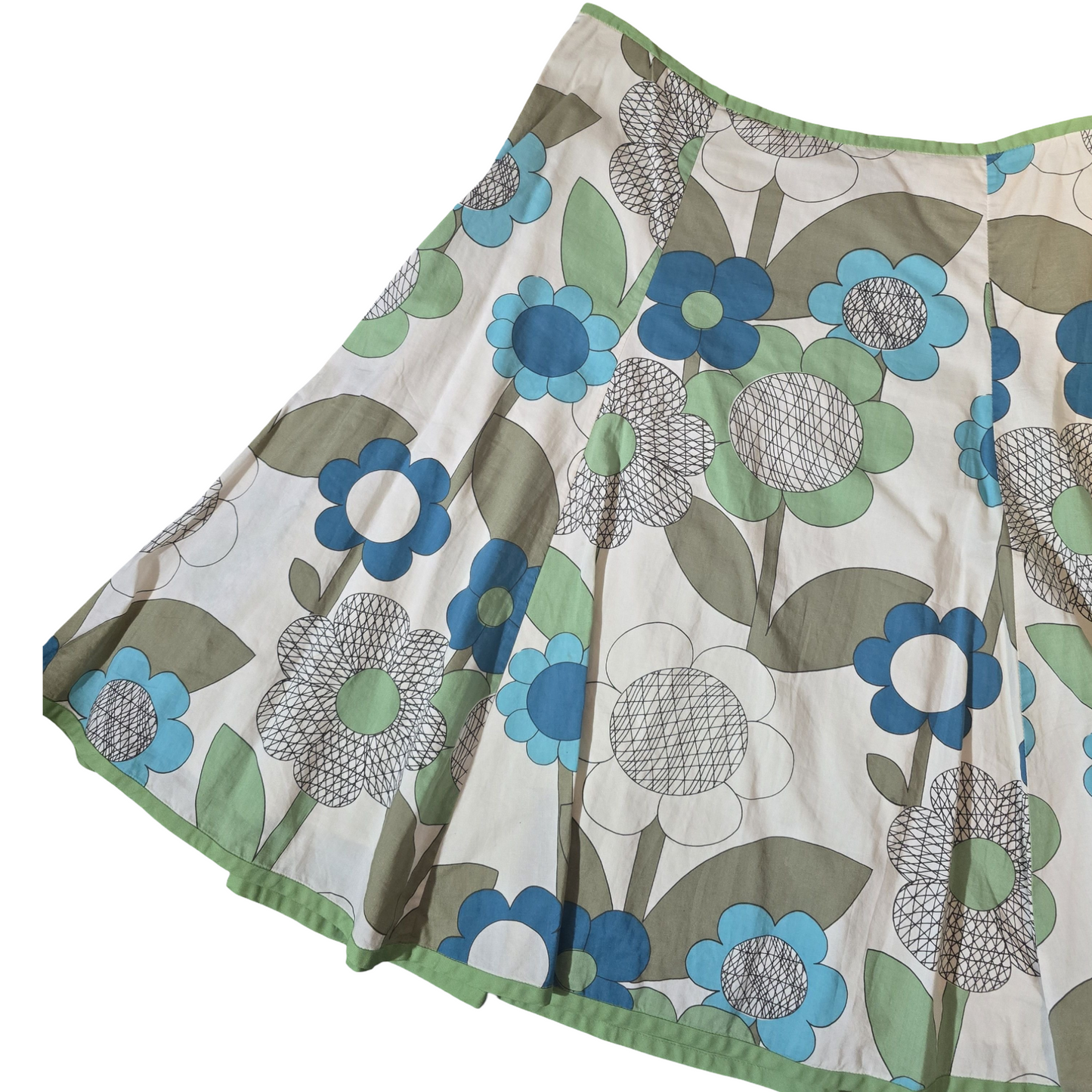 Boden Green & Cream Floral Flared Skirt – Size 12 Regular – 100% Cotton, Lined