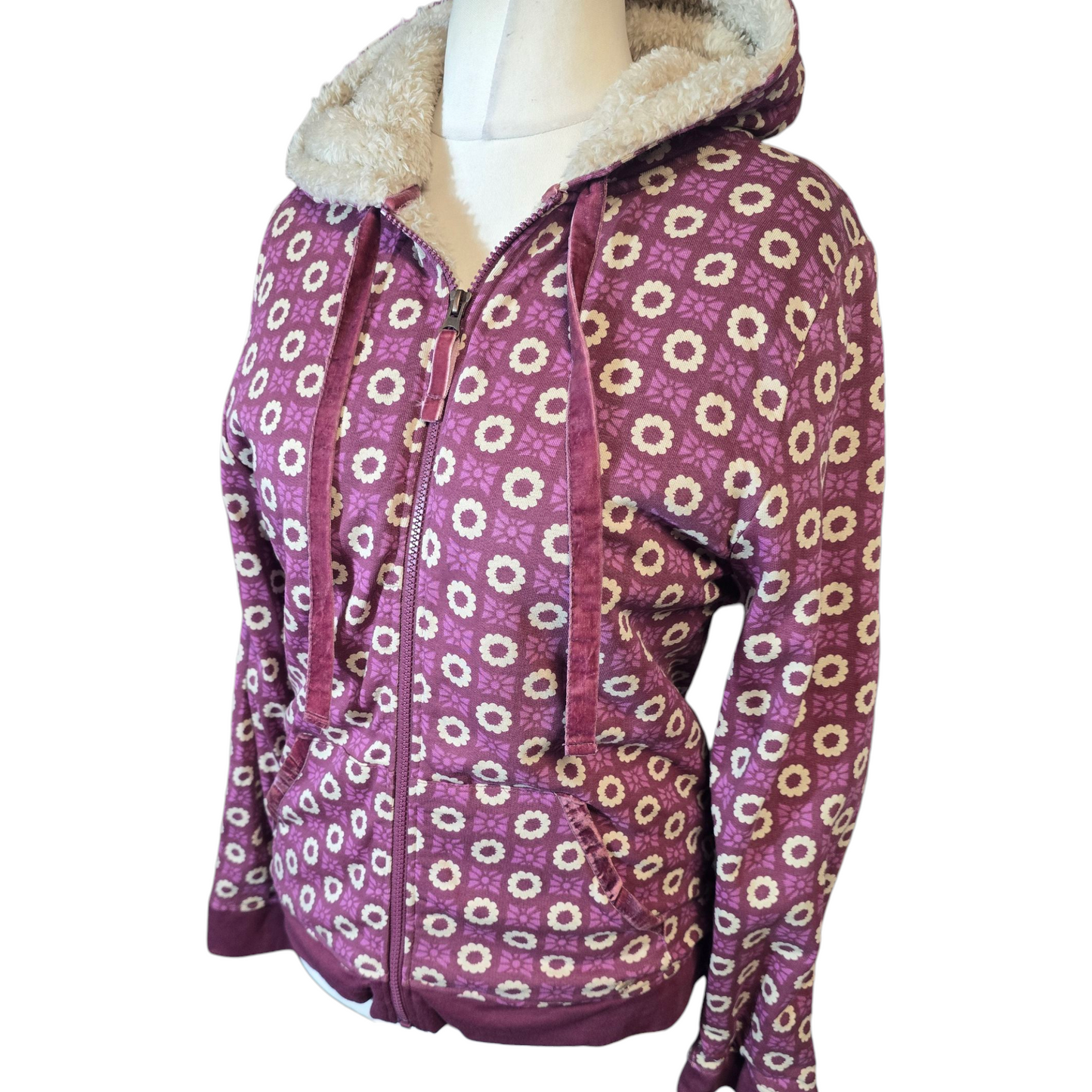 Country Rose Purple & Cream Floral Fleece-Lined Hoodie – Size Small (UK size 10/12)