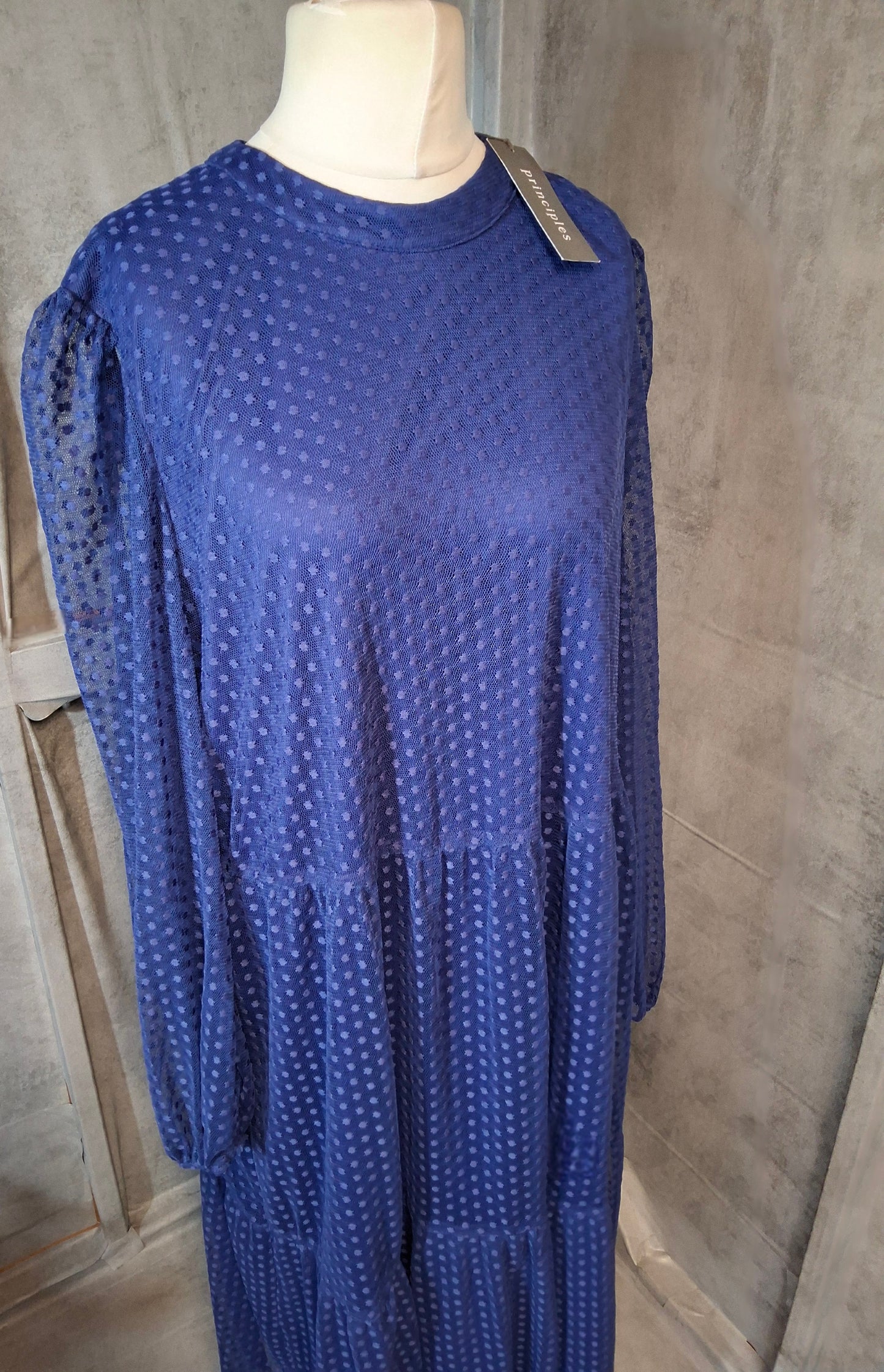 Principles Blue Embossed Polka Dot Tiered Midi Dress – UK 22 – NWT