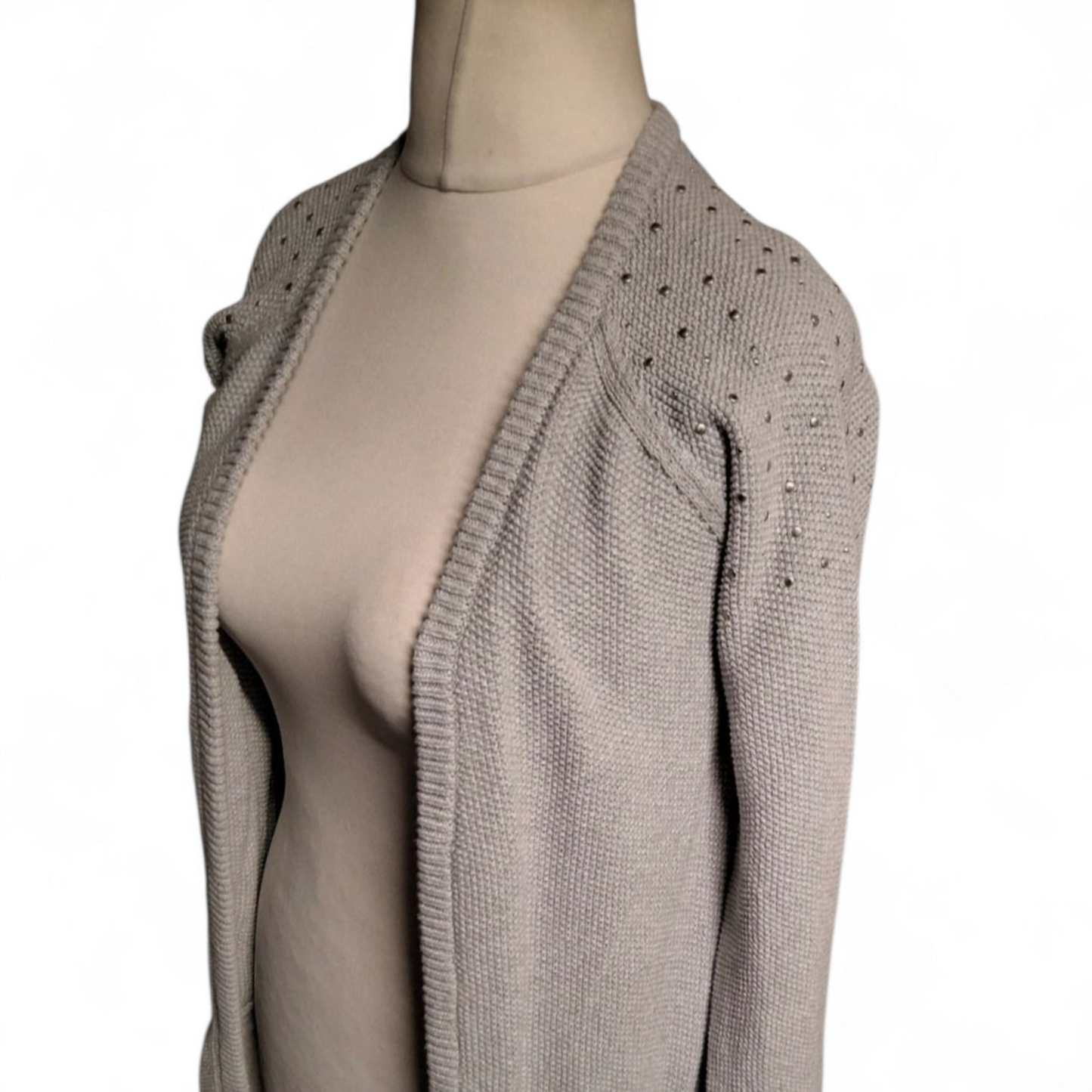 Fransa Grey Stud Shoulder Open Knit Cardigan – Size S (UK size 8/10)
