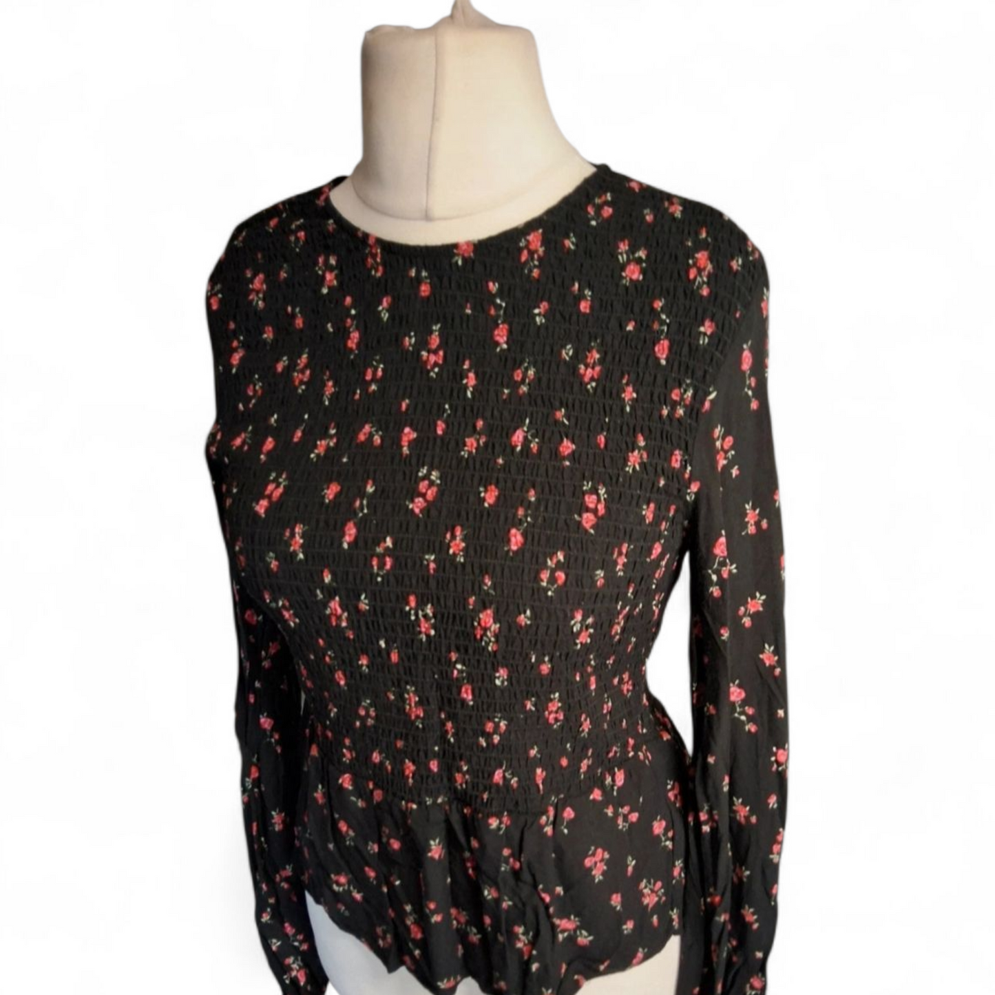 H&M Black & Red Floral Long Sleeve Top – Size UK 14 (Fits size 12/14)