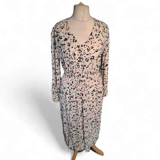 M&S White Multicoloured Animal Print Midi Dress – Size 12