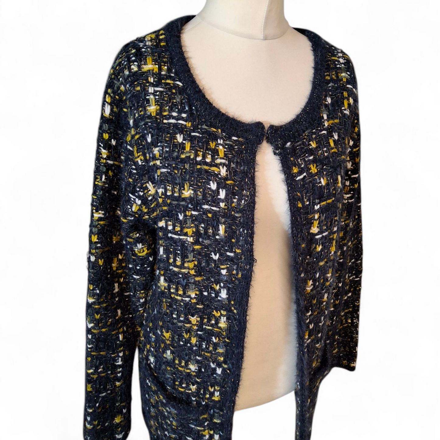 Cerulean Navy & Mustard Chunky Knit Cardigan – Glitter Thread – Size 12/14 Oversized