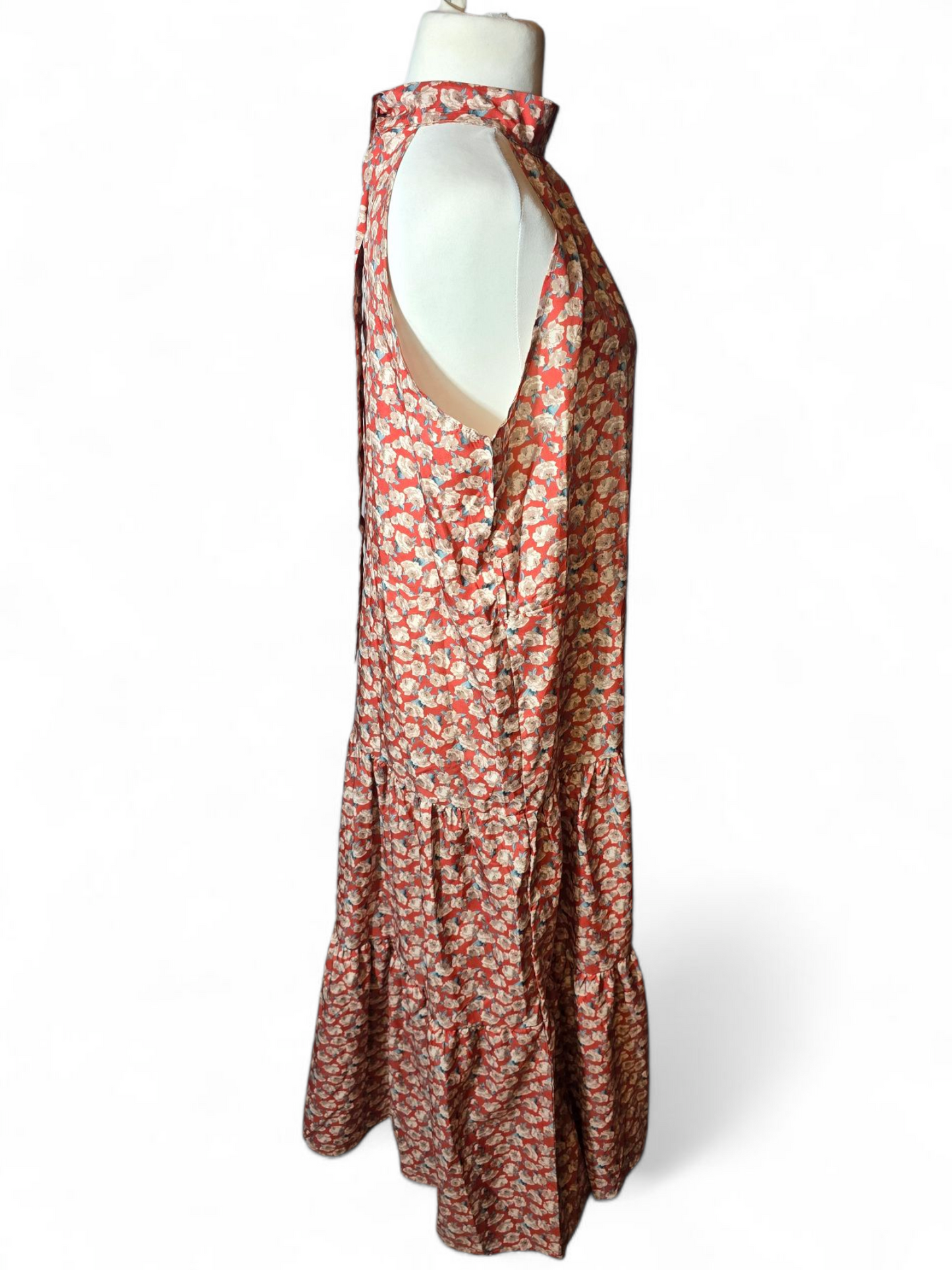 Red & beige floral halterneck sleeveless flared maxi dress XL size 14/16